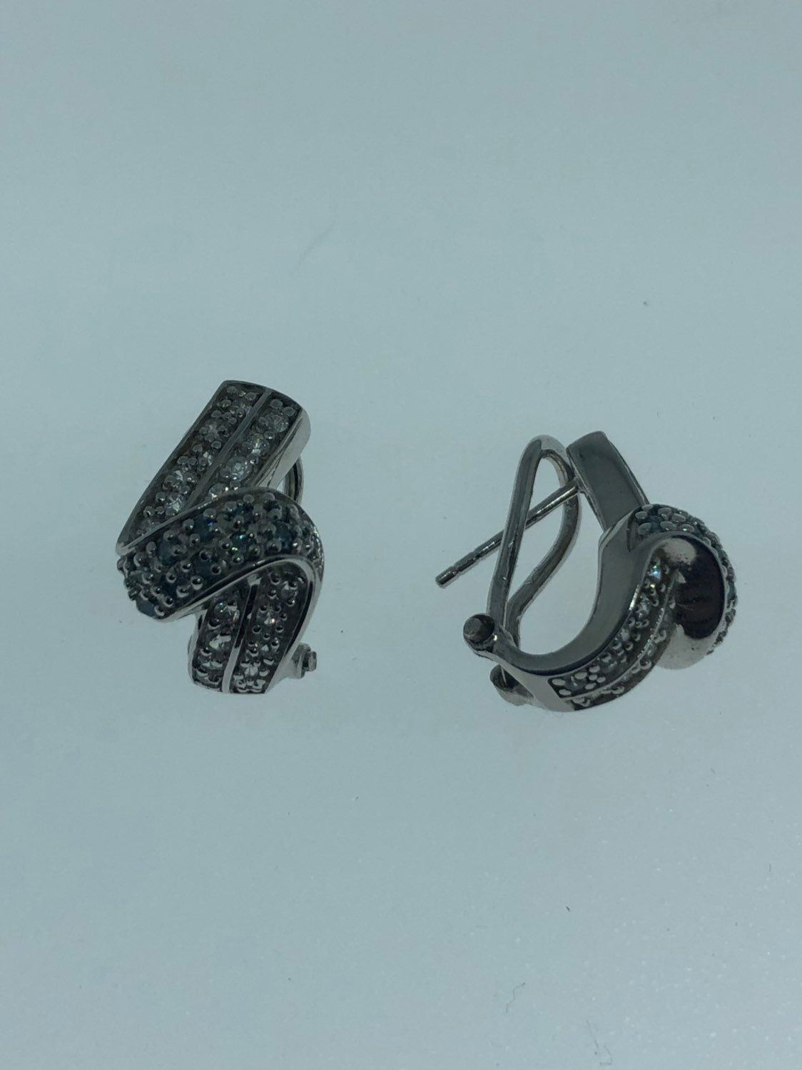 Vintage Handmade Sterling Silver diamond look Blue and White Sapphire Gemstone drop Hoop Earrings