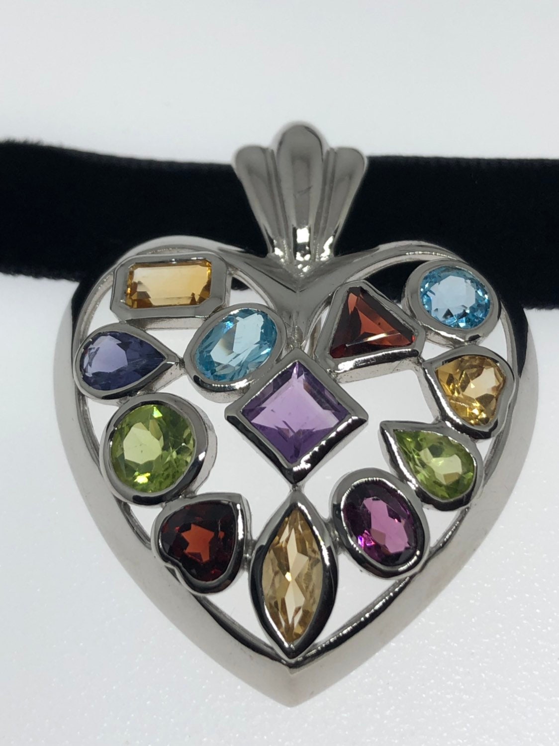 Vintage Handmade 925 Sterling Silver Genuine Gemstone Antique Heart Pendant Necklace
