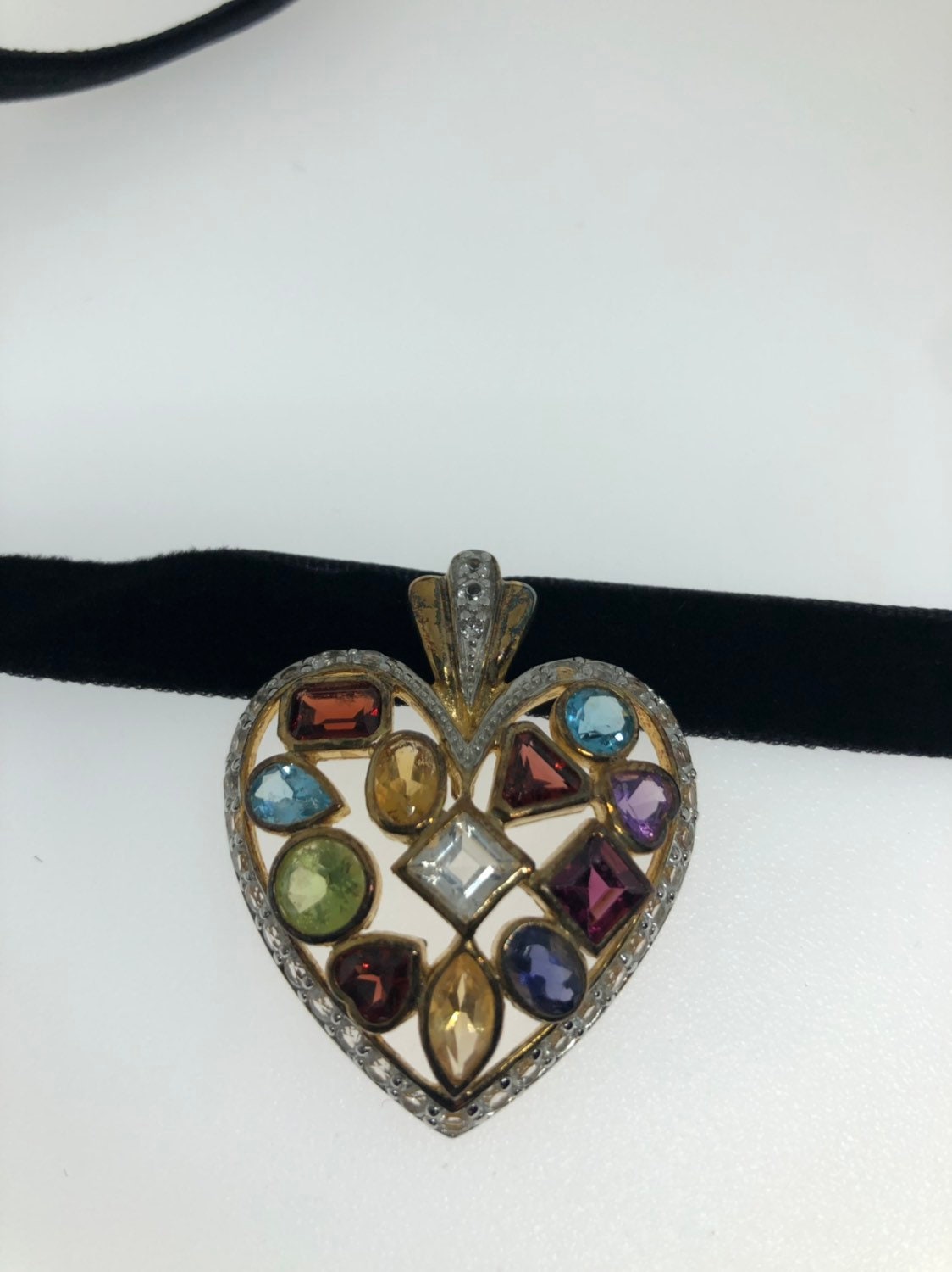 Vintage Handmade Golden 925 Sterling Silver Genuine Gemstone Antique Heart Pendant Necklace