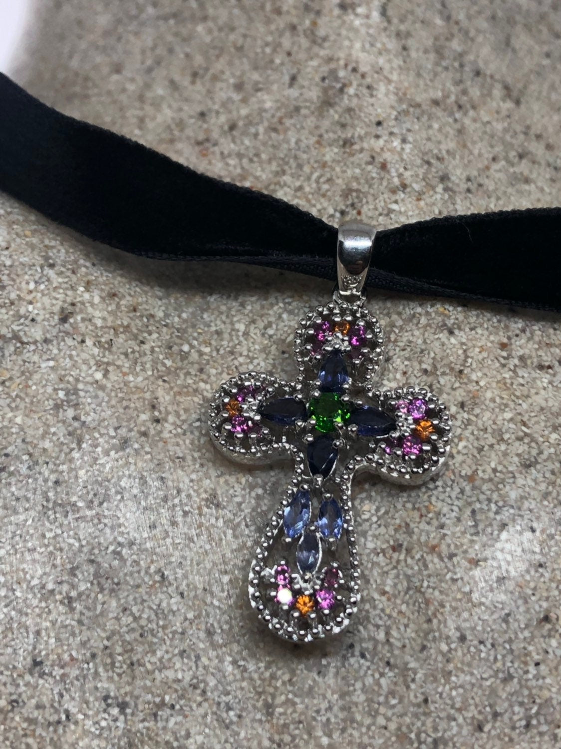 Vintage Handmade 925 Sterling Silver Mixed Gemstone Cross Antique Pendant Necklace