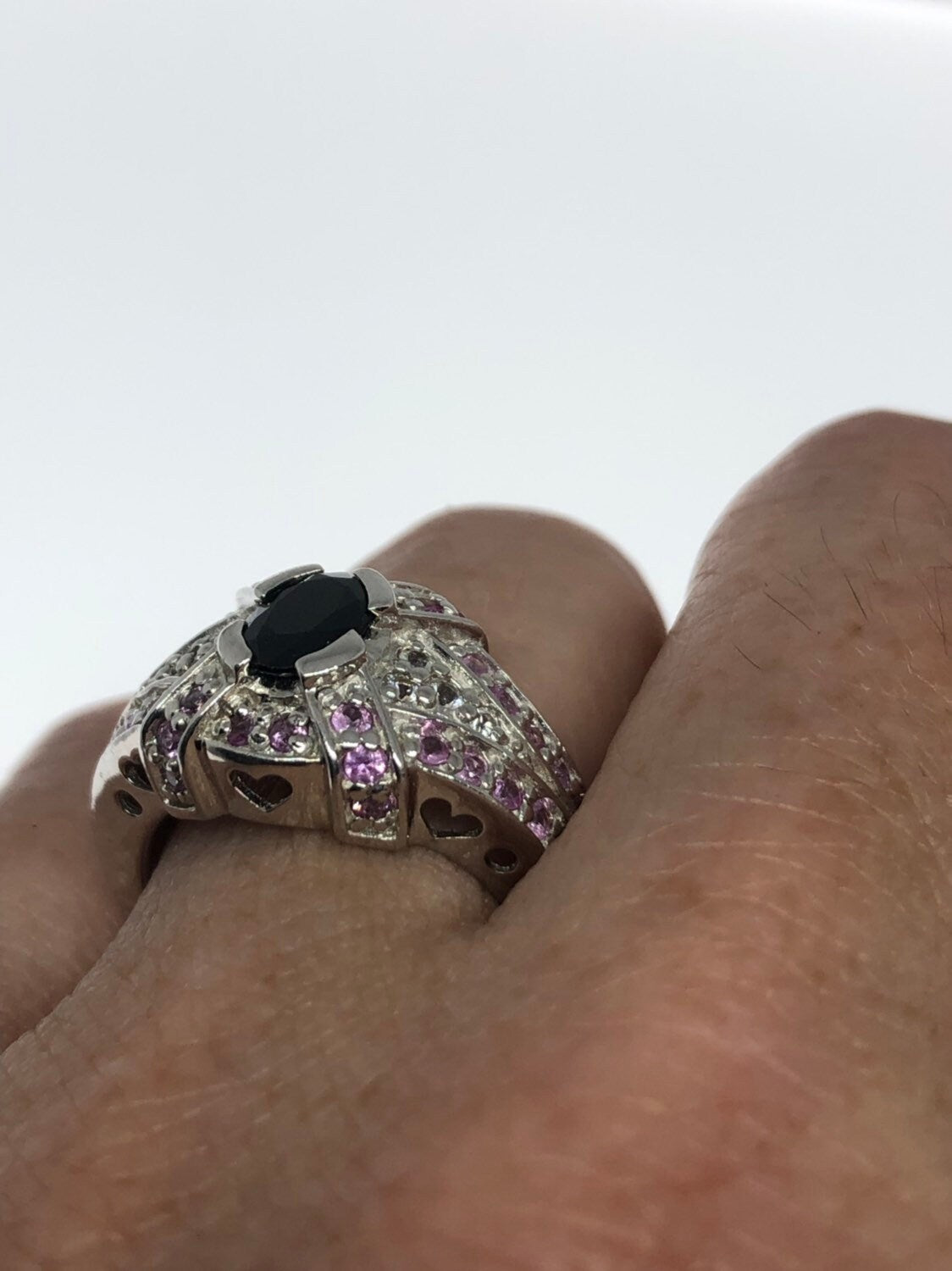 Vintage Handmade Deep Blue Sapphire and White 925 Sterling Silver Gothic Ring