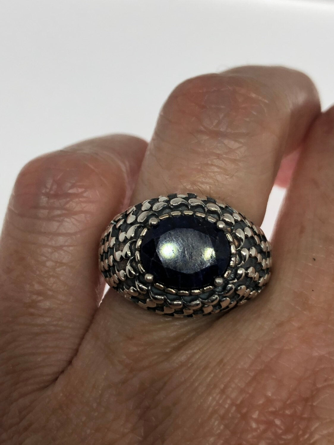 Vintage Black Blue Sapphire 925 Sterling Silver Gothic Ring