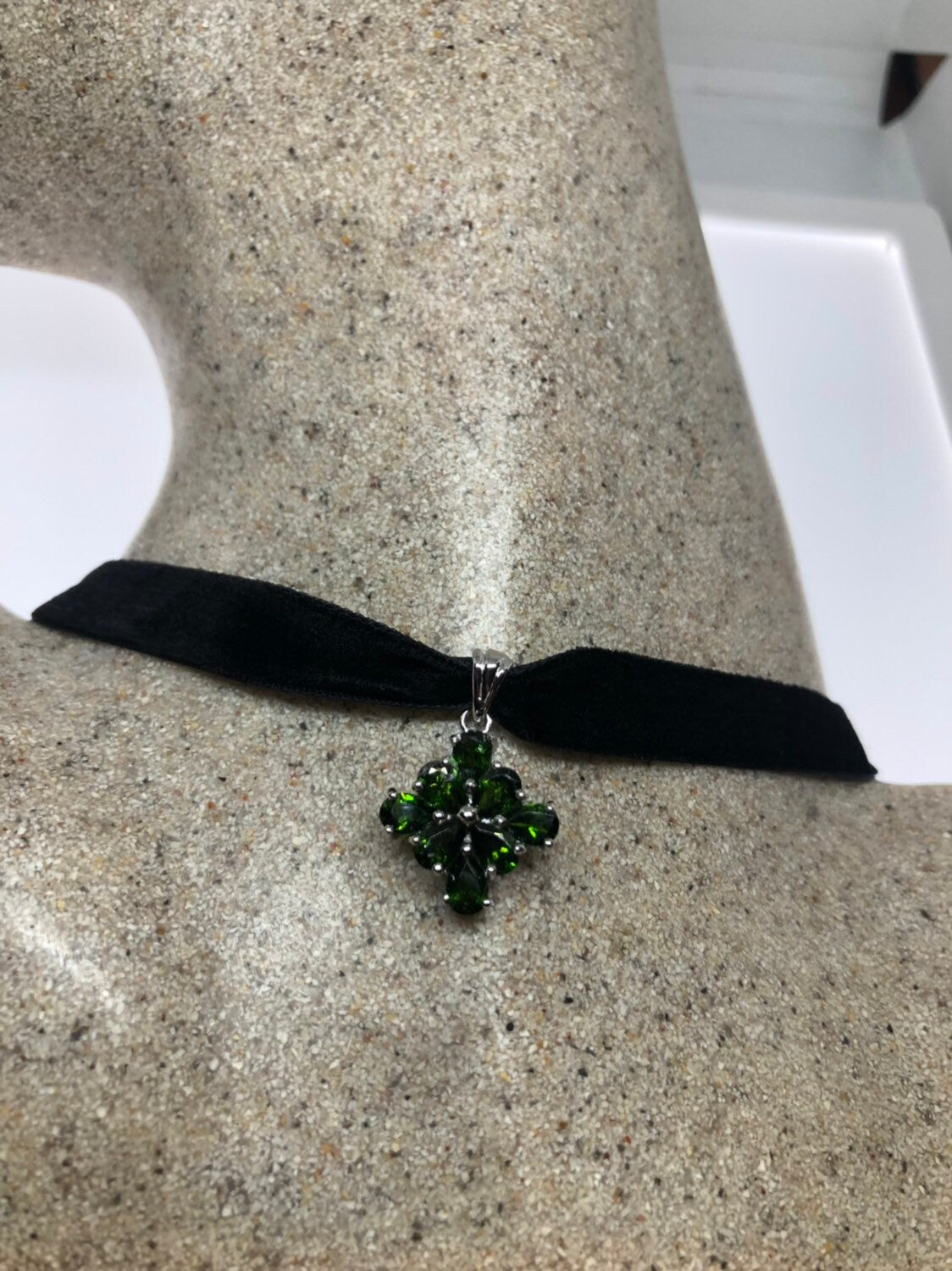 Vintage Green Choker Deco Chrome Diopside 925 Sterling Silver Pendant Necklace