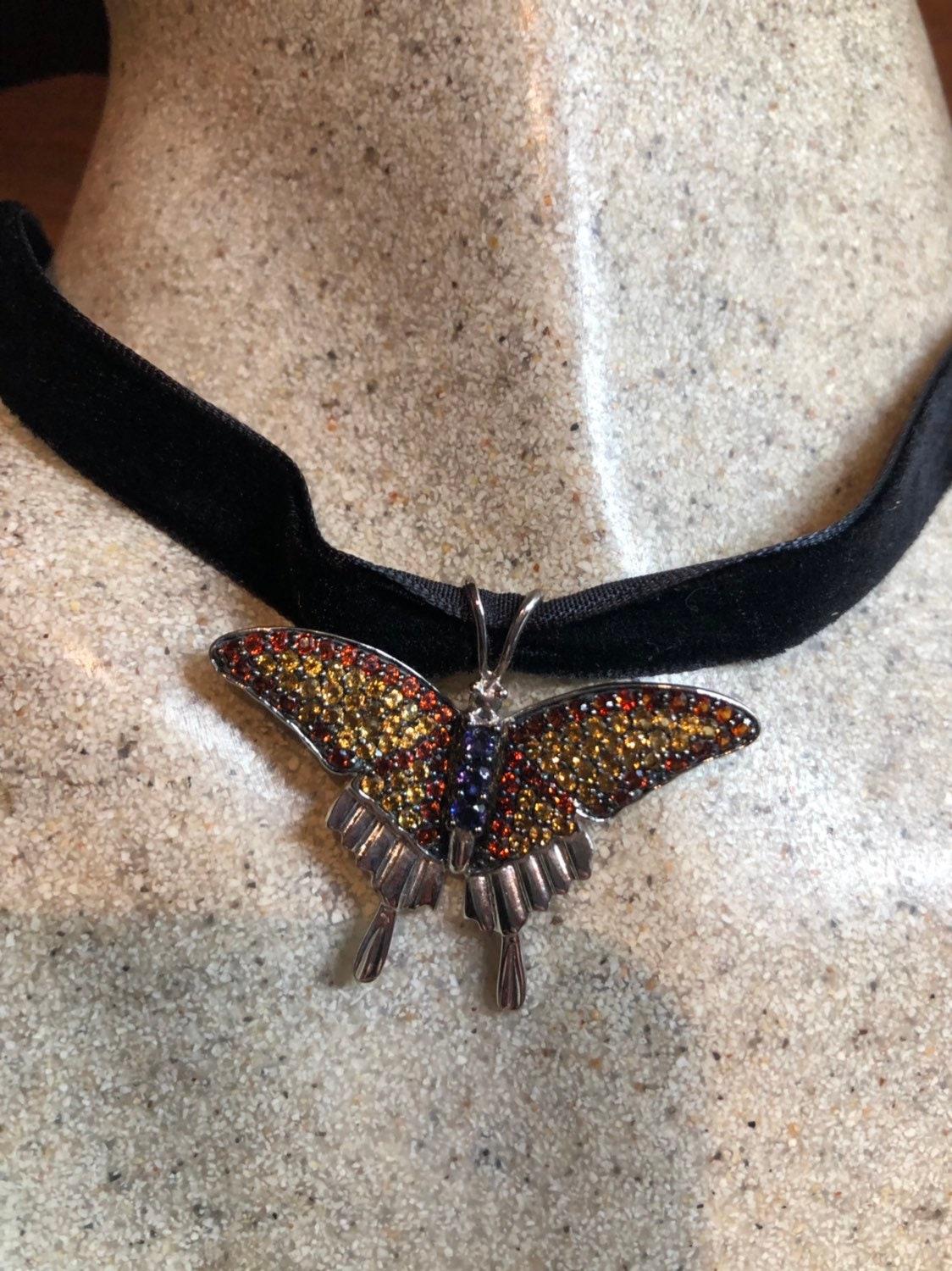 Handmade 925 Sterling Silver Vintage Genuine Gemstone Butterfly Choker