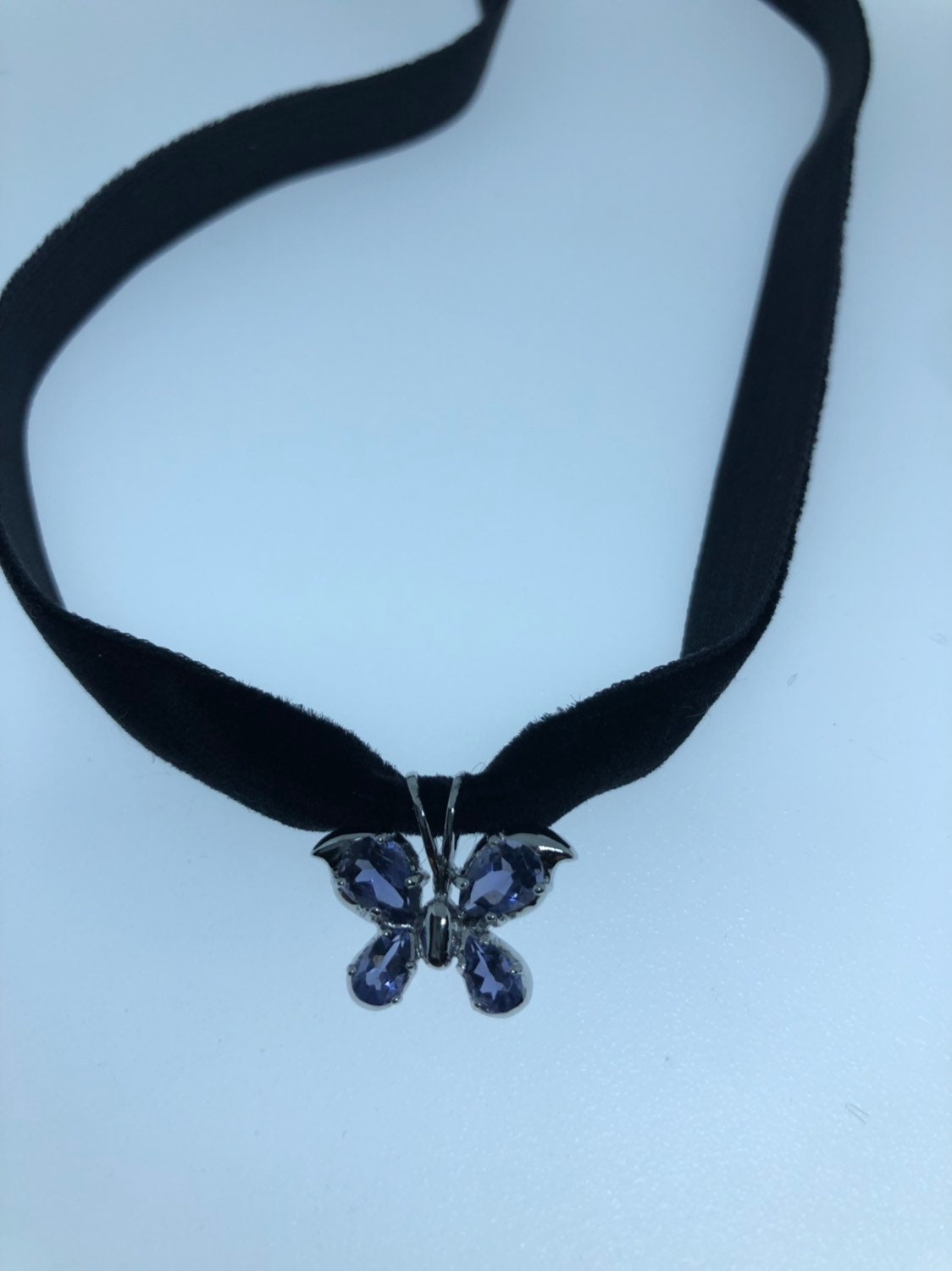 Vintage Handmade 925 Sterling Silver Rhodium White Sapphire Butterfly Pendant Choker