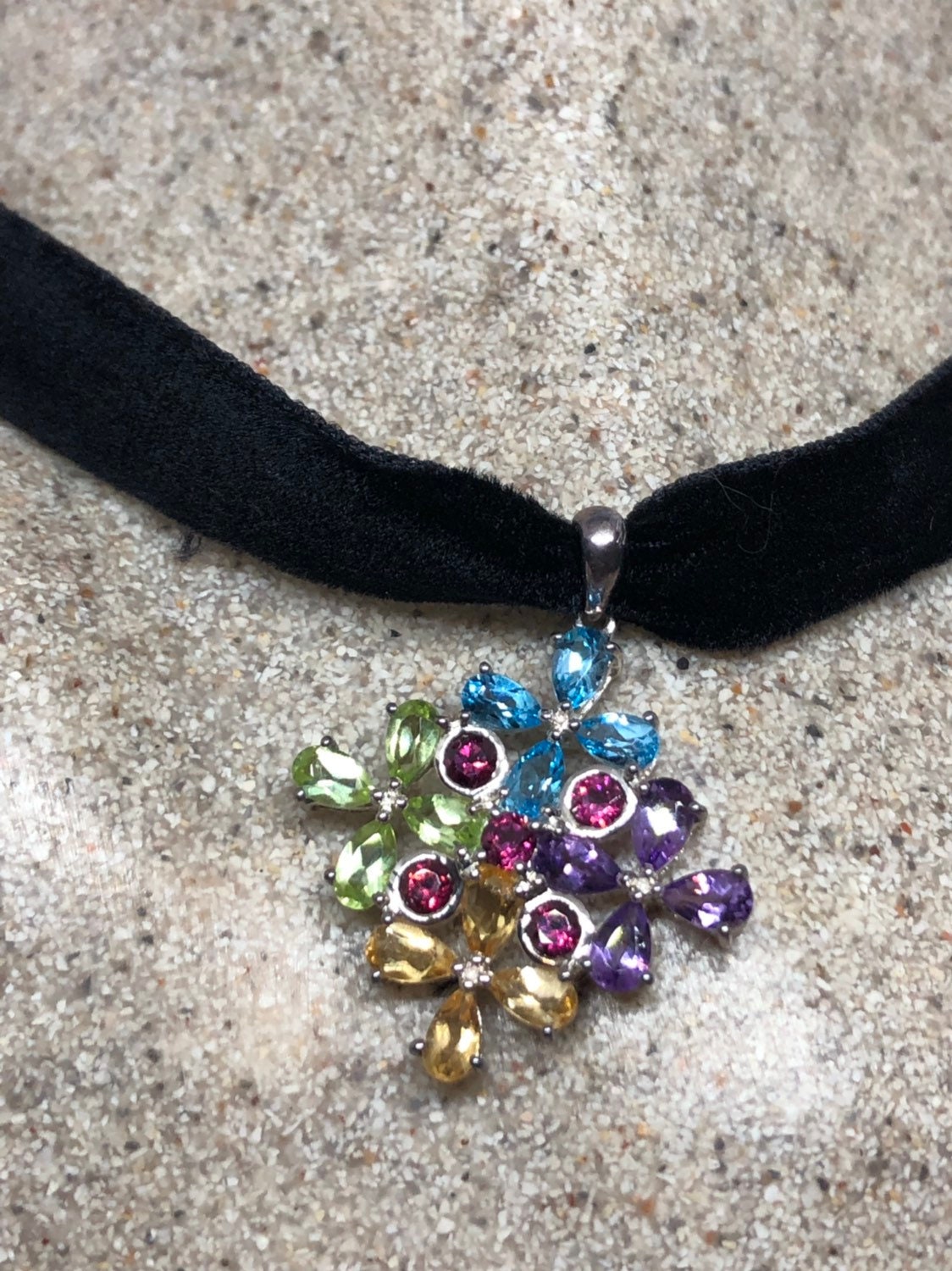 Vintage Handmade 925 Sterling Silver Genuine Garnet, Mixed Gemstone and Citrine Antique Pendant Necklace