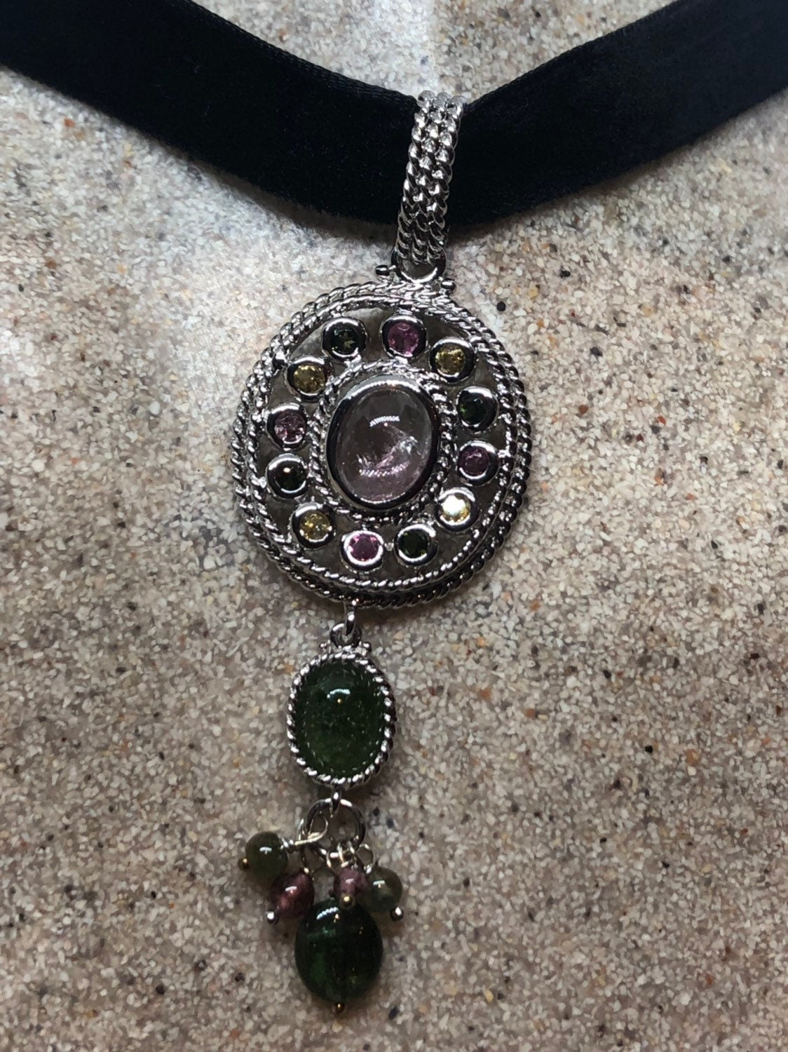 Vintage Handmade 925 Sterling Silver Mixed tourmaline Gemstone Antique Pendant Necklace