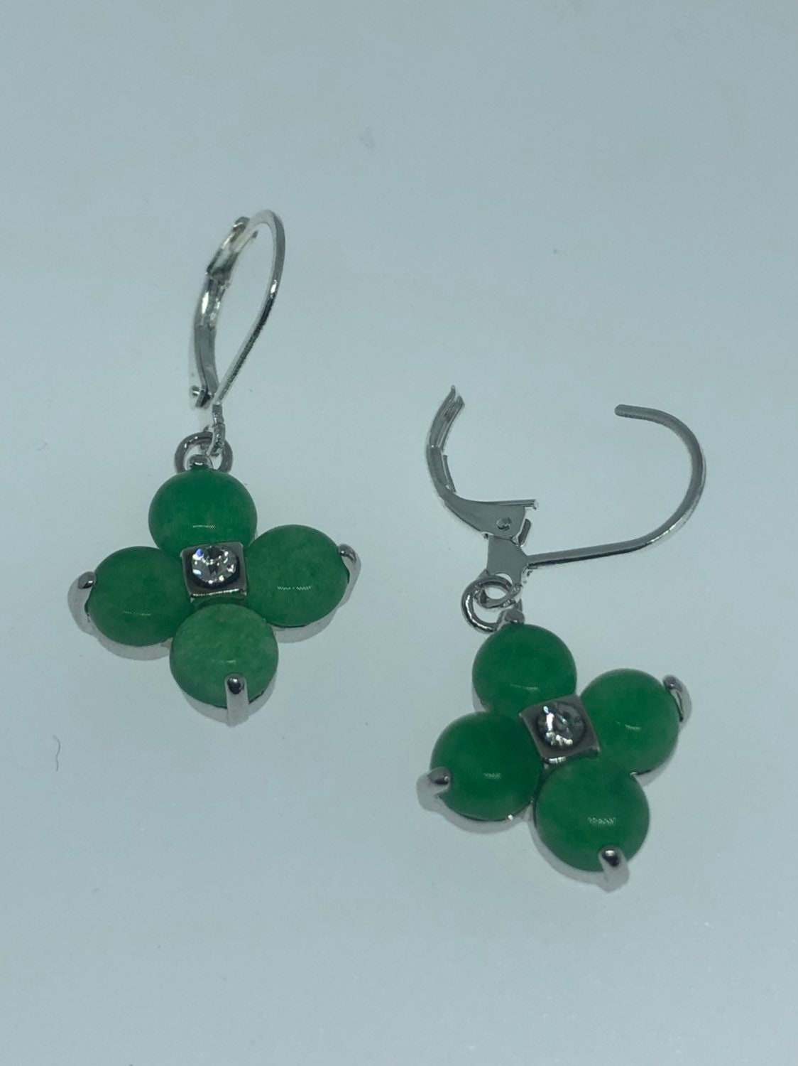 Vintage Fun Green Jade Gemstone Silver Bronze Earrings