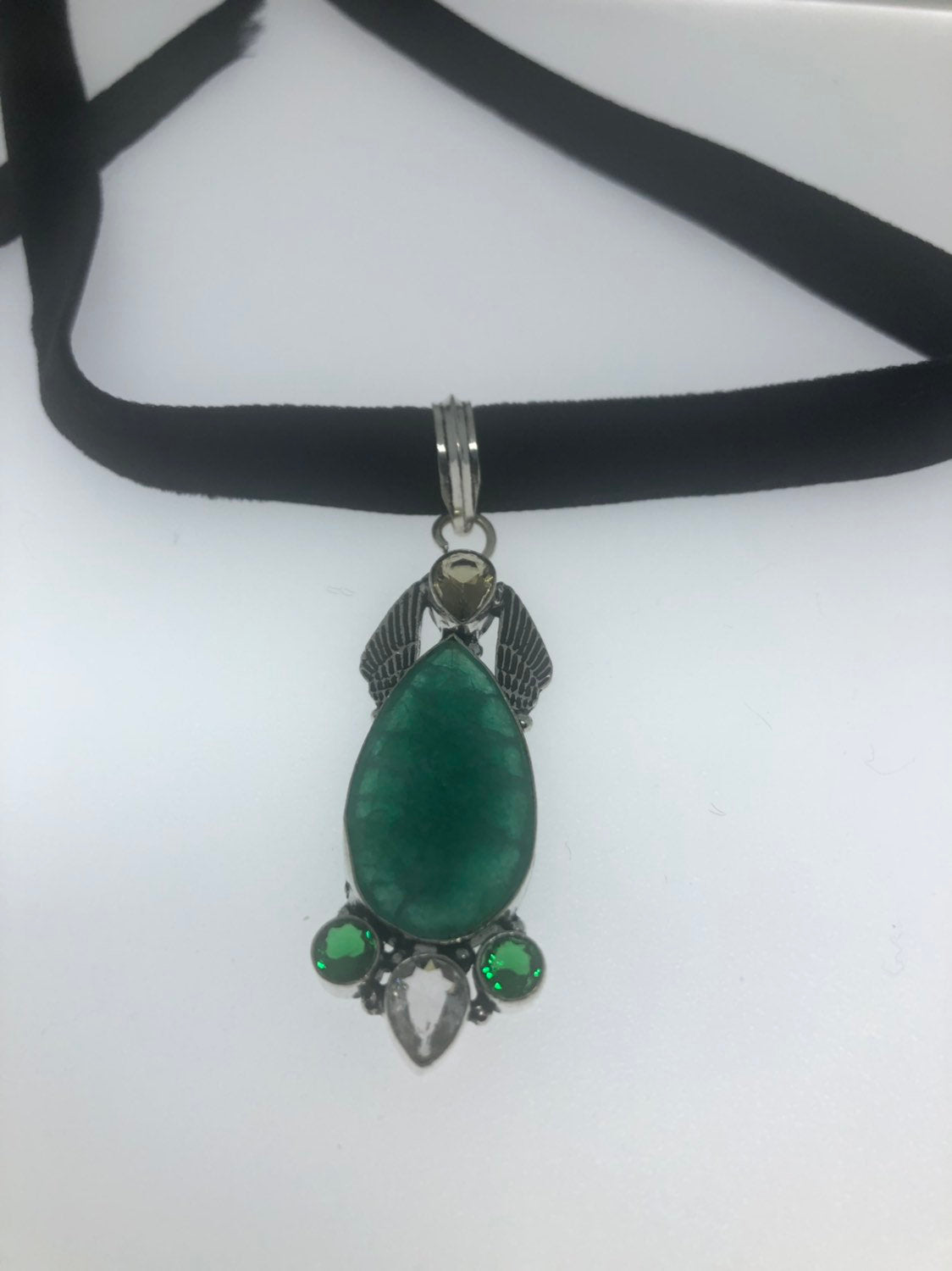 Vintage Winged Green Chysopraise Crystal Choker Pendant