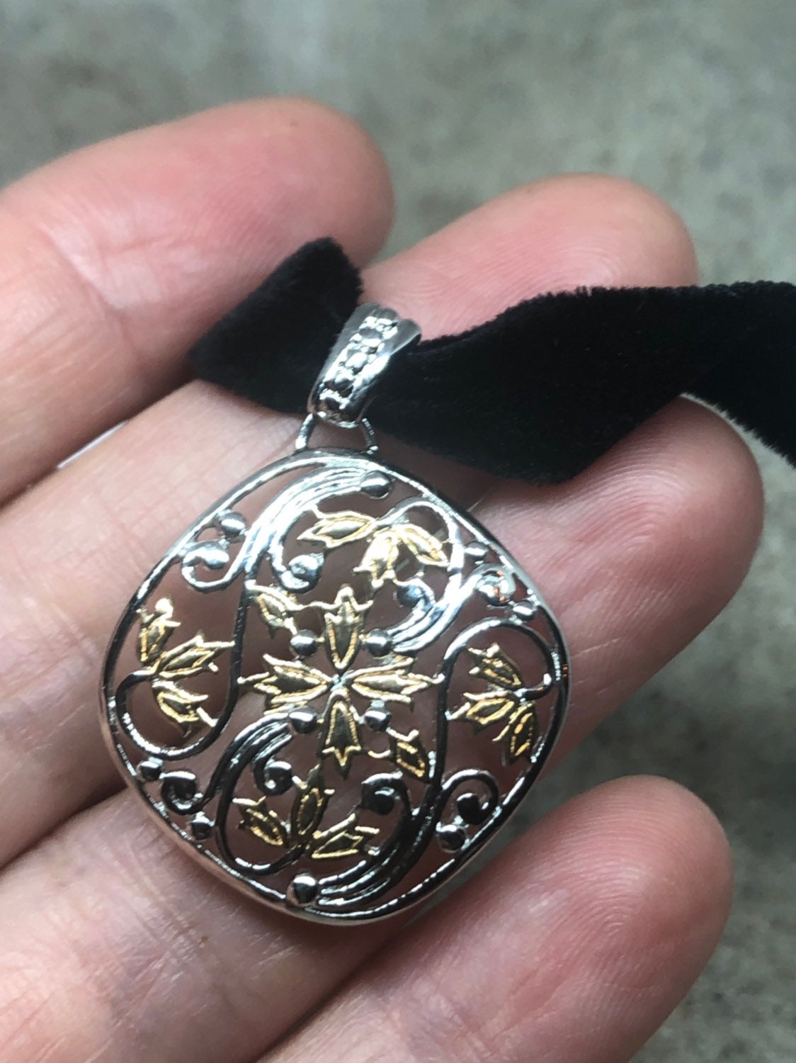 Vintage Handmade 925 Sterling Silver Gold Rhodium Pendant Choker