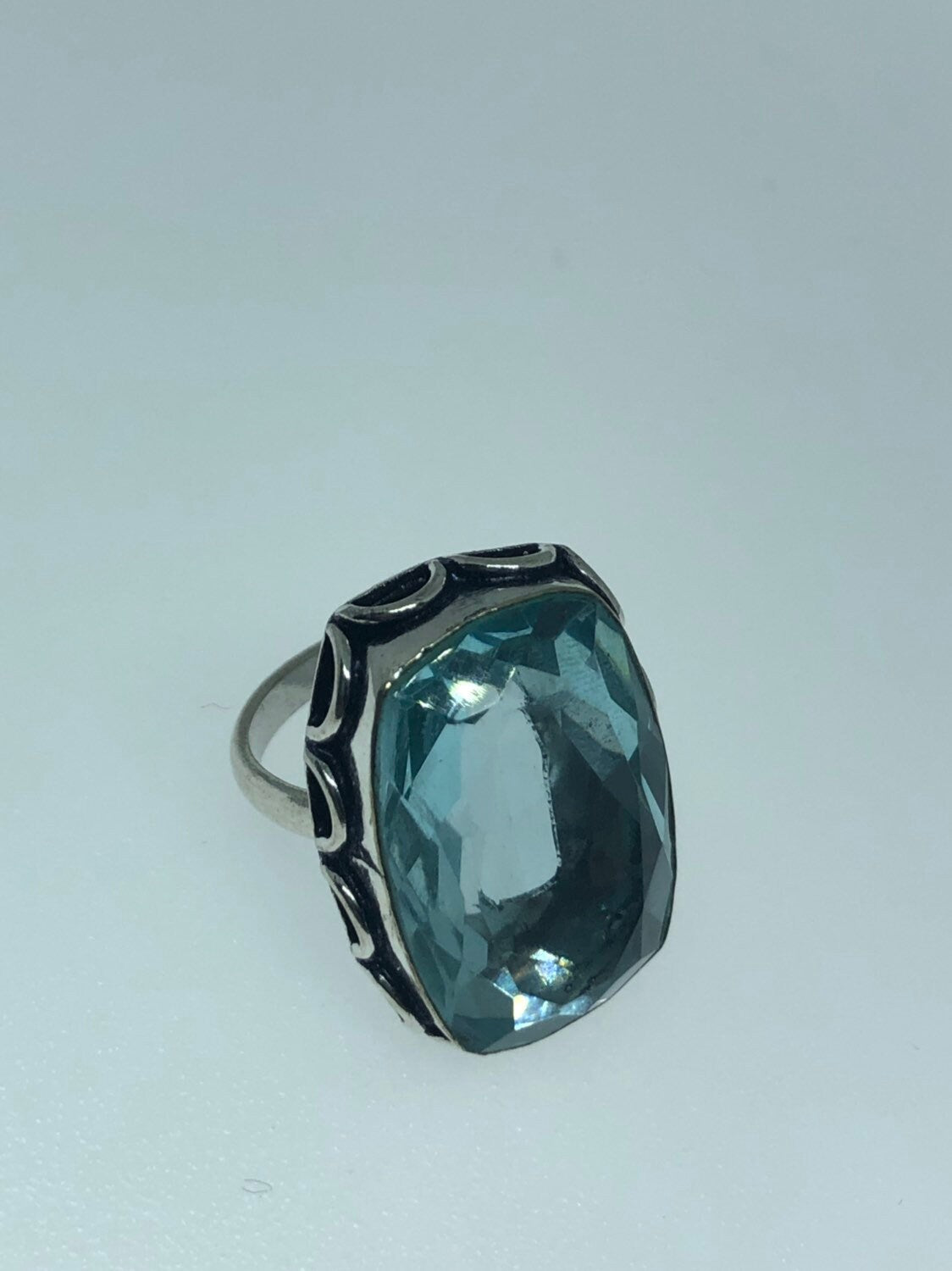 Vintage Aqua Art Glass Ring, German Silver Size 7