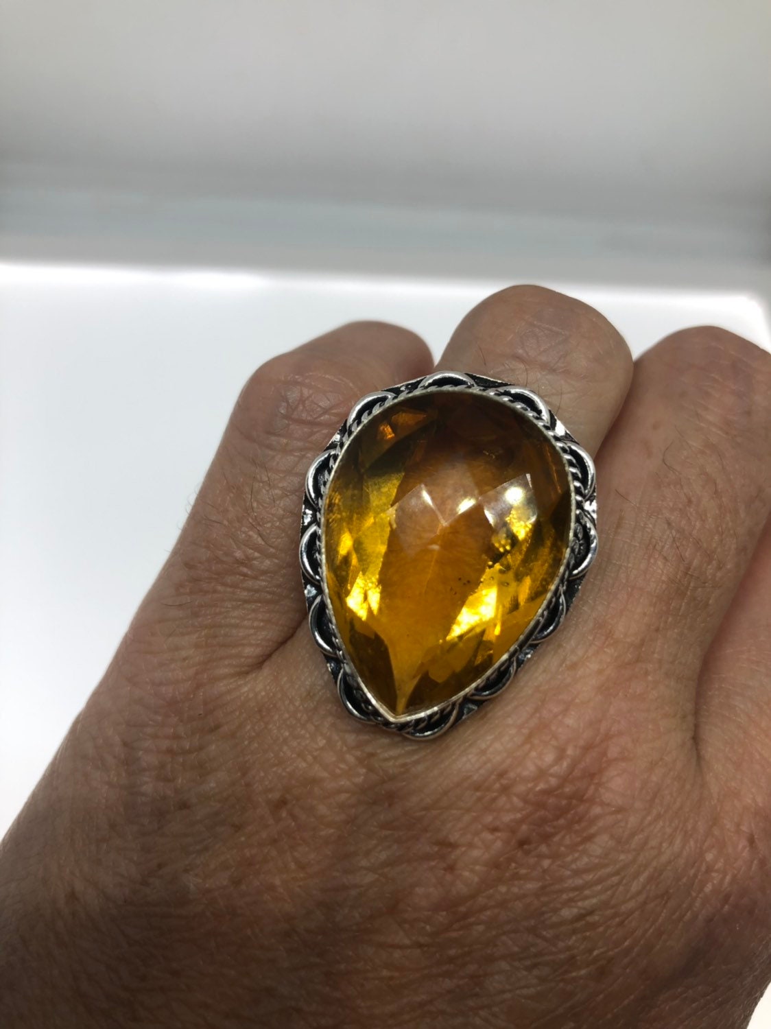 Vintage Golden Art Glass Ring, Ornate German Silver, Size 7.5