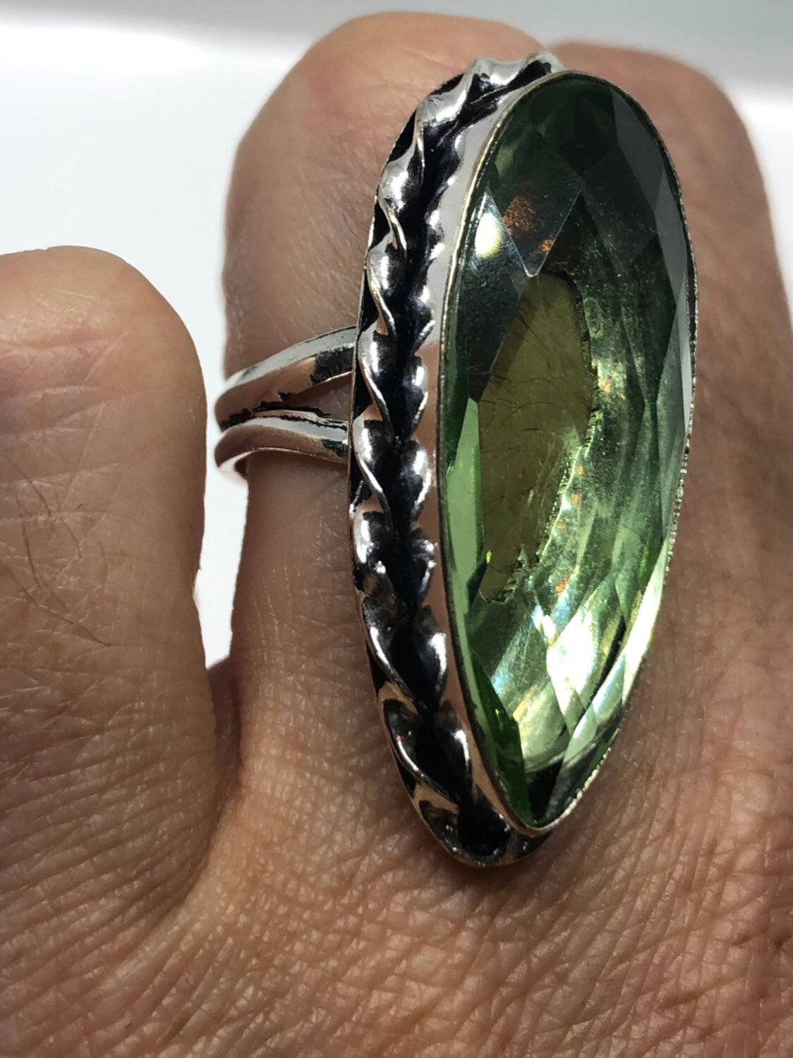 Vintage Aqua Art Glass Ring, Ornate German Silver, Size 7.5