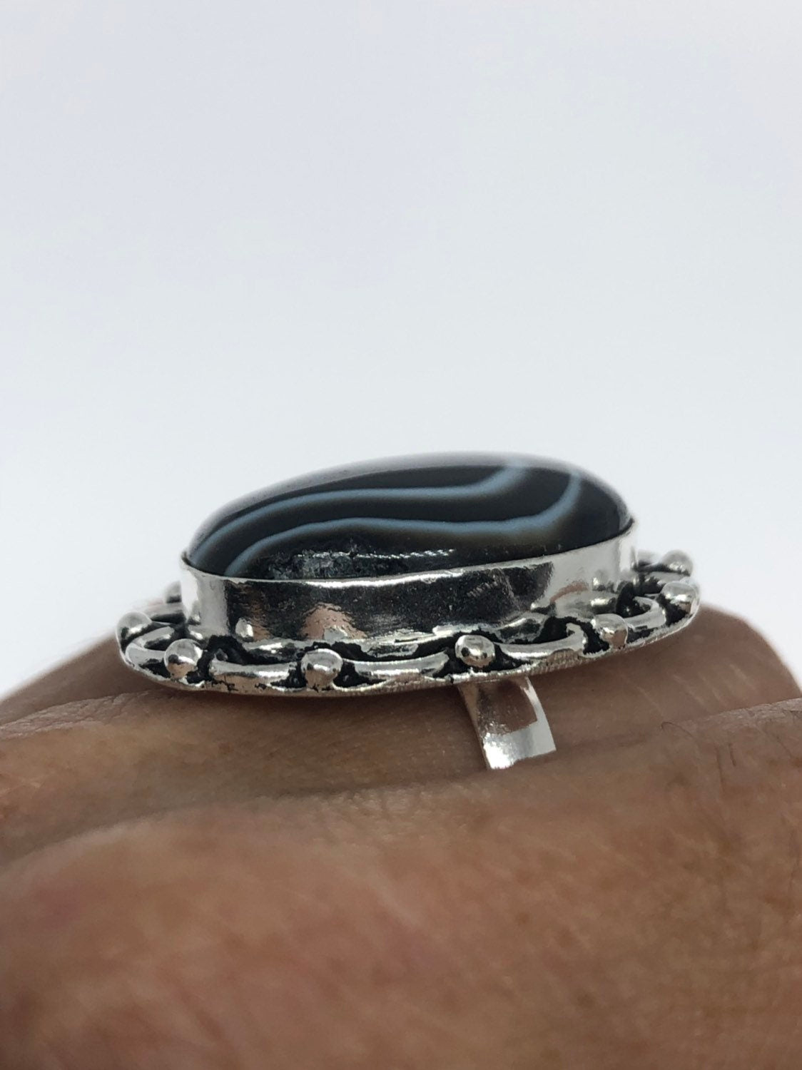 Vintage Handmade Black and White agate White Bronze Silver Gothic Ring