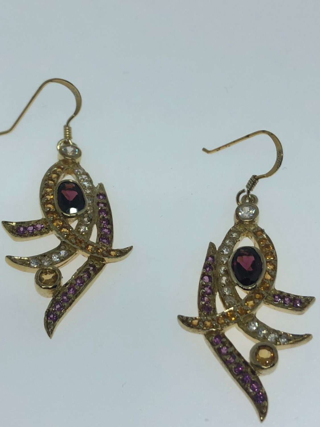 Vintage Handmade 925 Sterling Silver Bohemian Garnet Dangle Chandelier Earrings