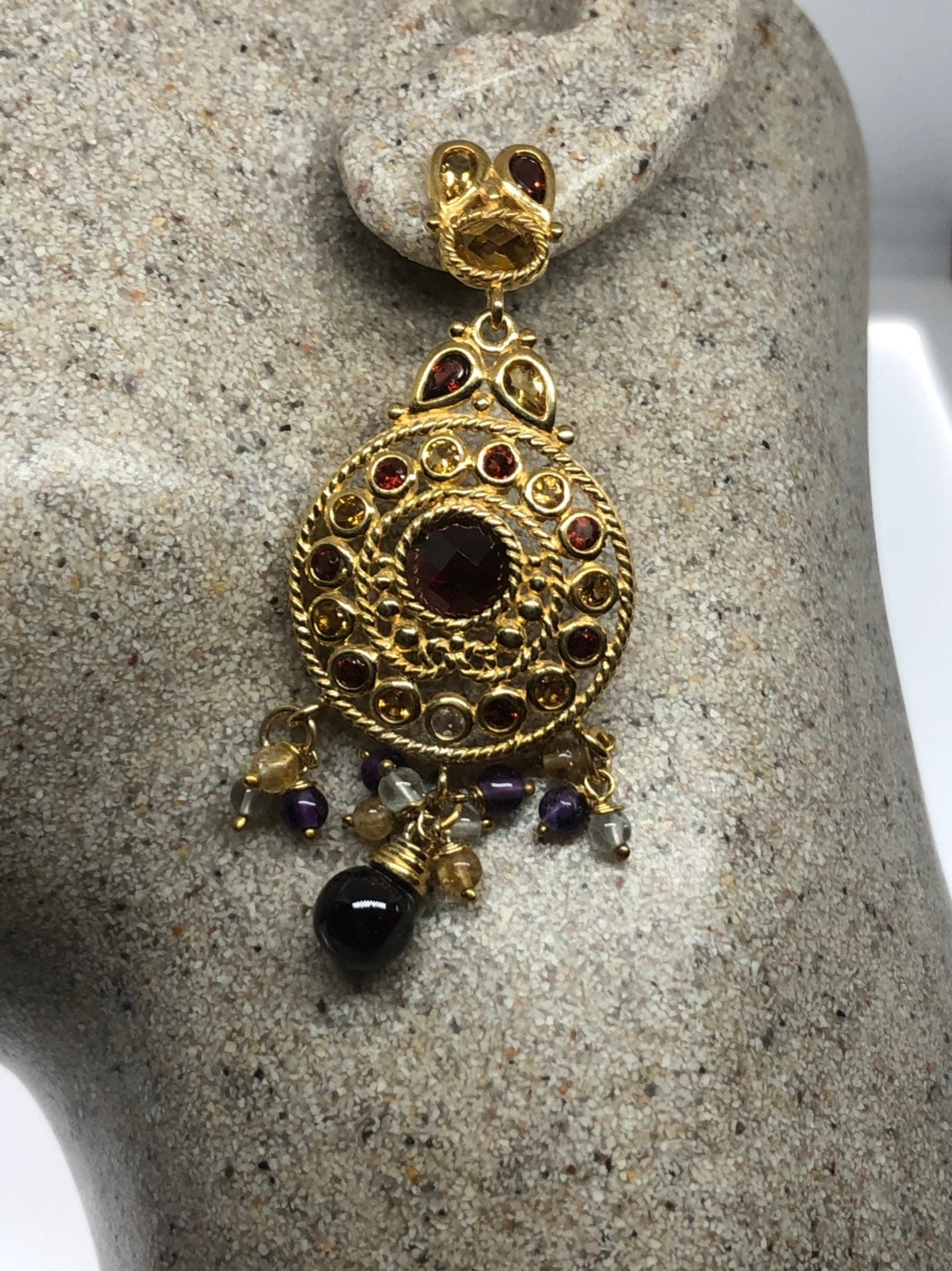 Vintage Handmade 925 Sterling Silver Bohemian Garnet Dangle Chandelier Earrings