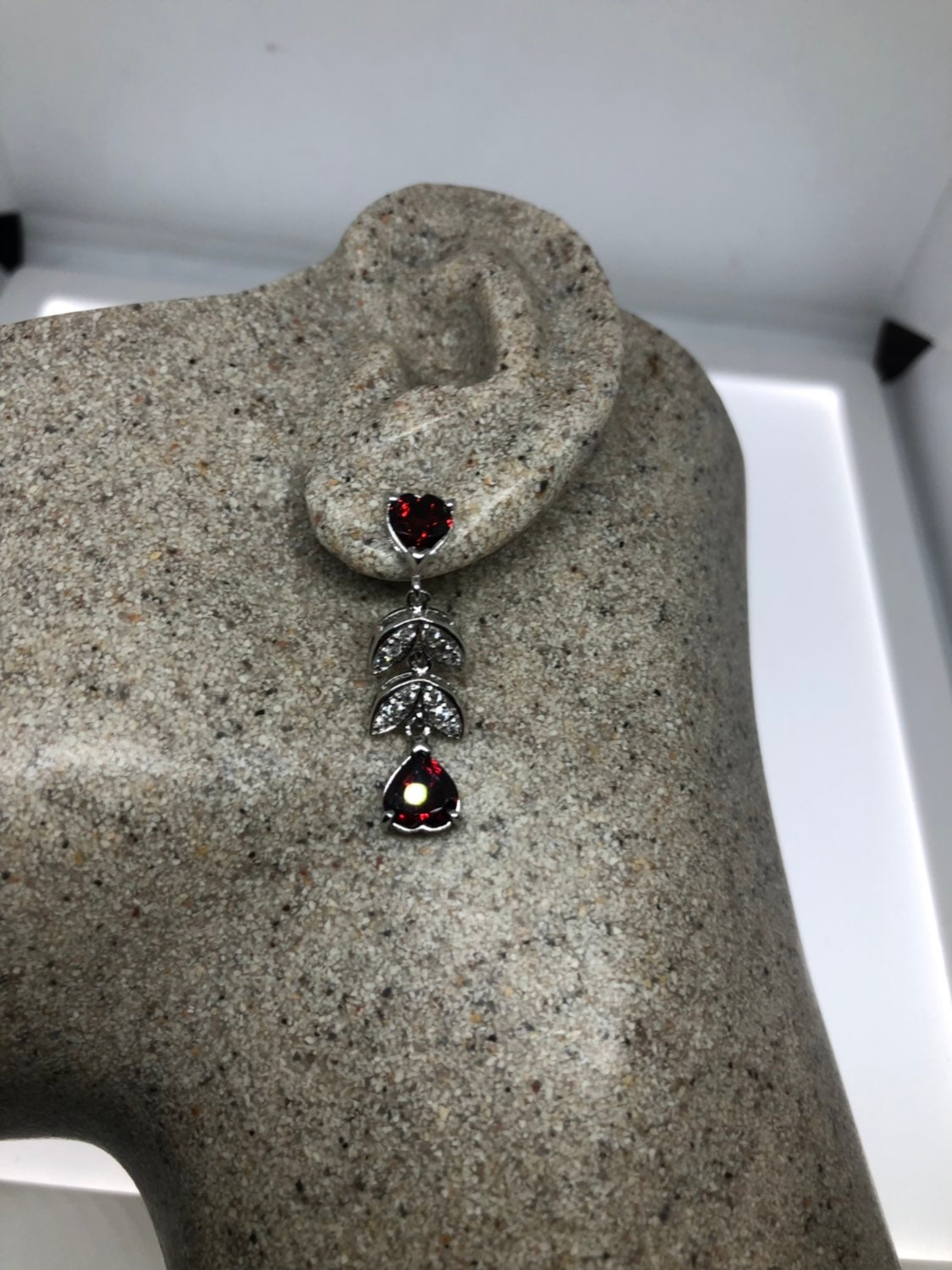 Vintage Bohemian Red Garnet Earrings 925 Sterling Silver Deco HEart Dangle