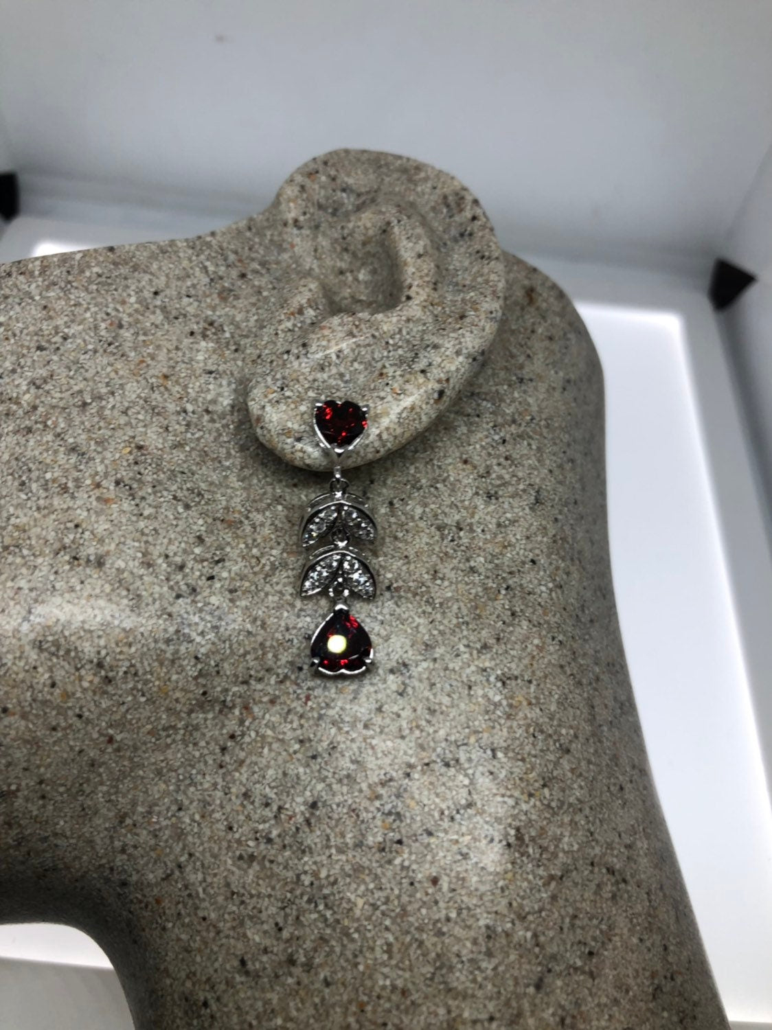Vintage Bohemian Red Garnet Earrings 925 Sterling Silver Deco HEart Dangle