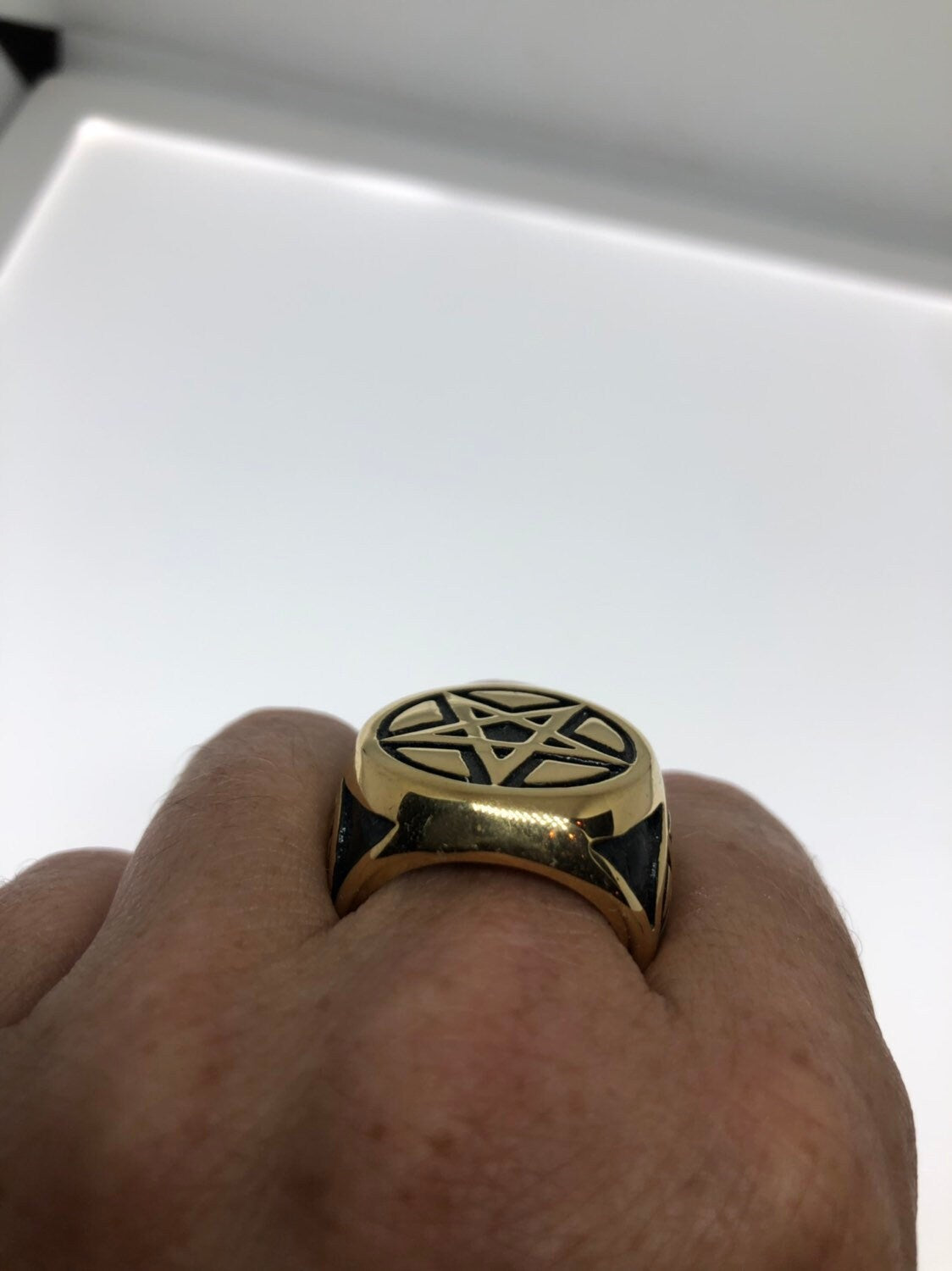Vintage Gothic Golden Stainless Steel Pentacle Star Mens Ring