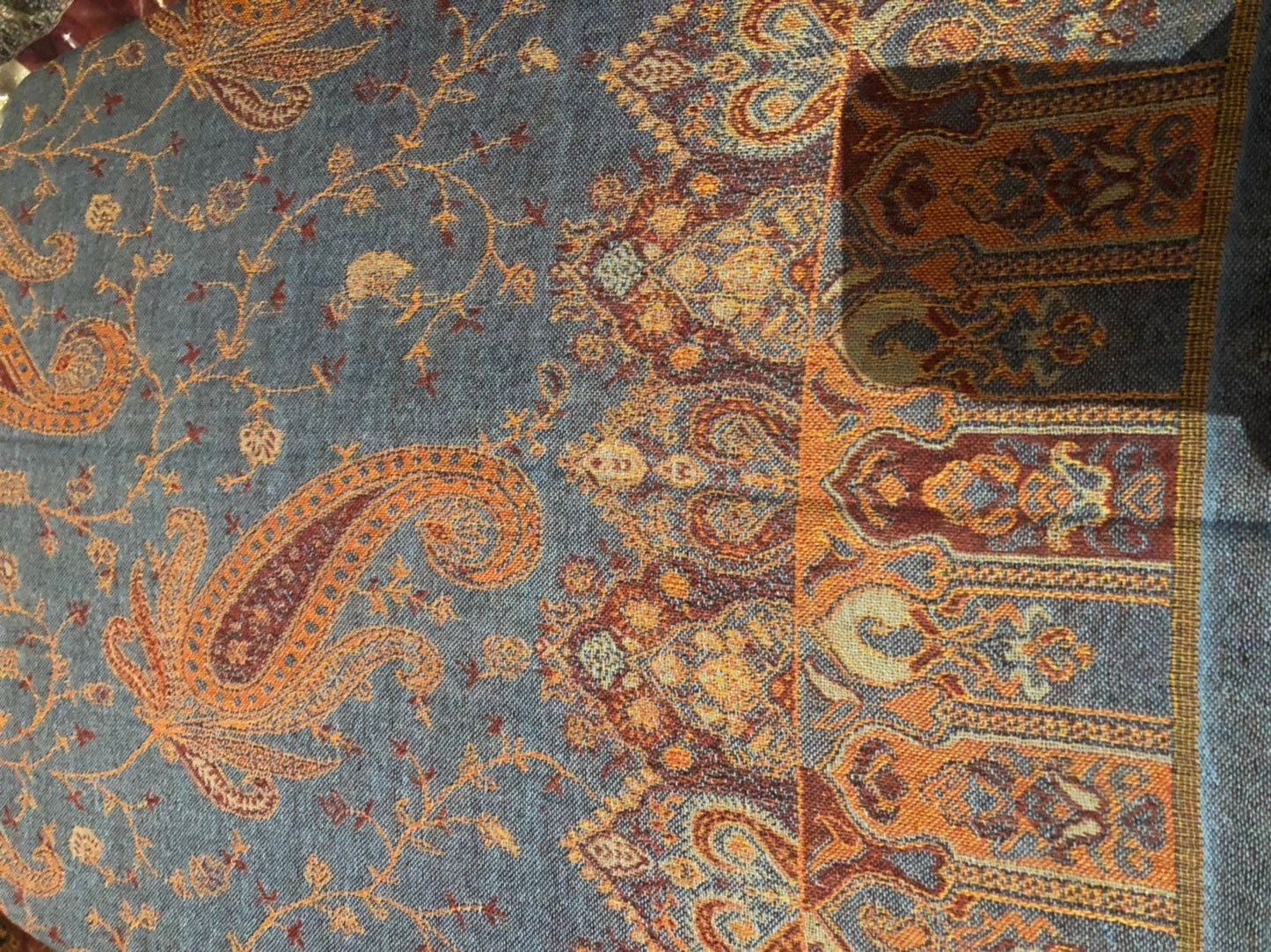 Blue Orange Vintage Paisley Brocade Pashmina Scarf Wrap Shawl
