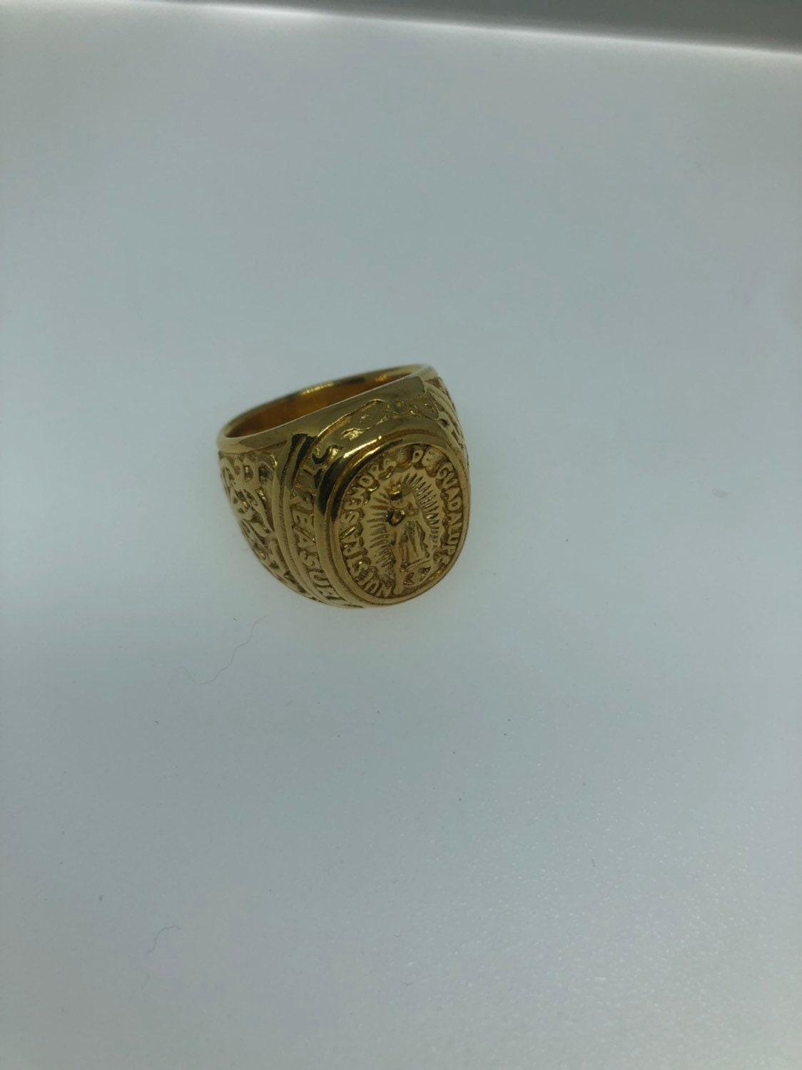 Vintage Golden Stainless Steel Our Lady of Guadeloupe Mens Ring
