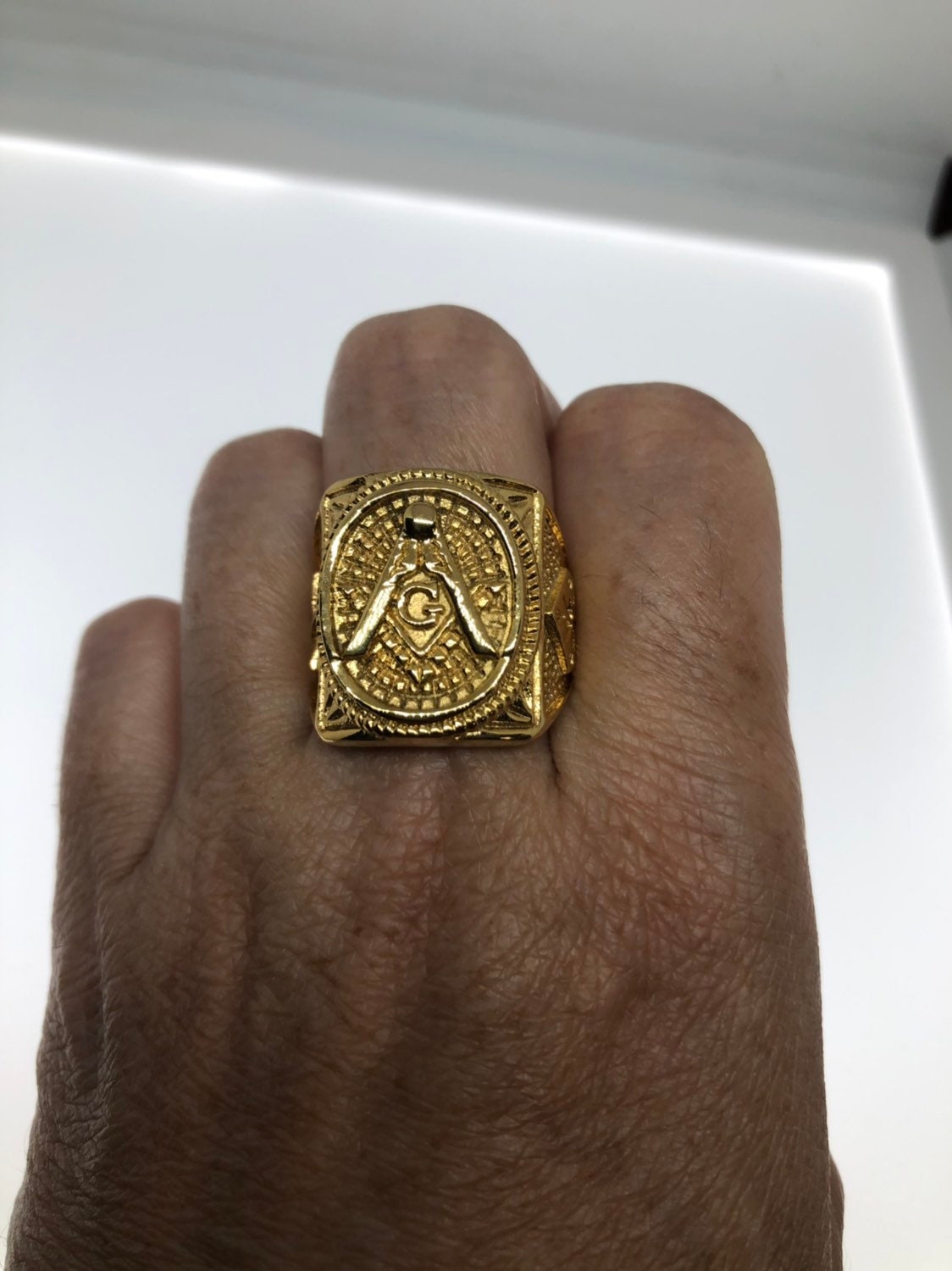 Vintage Gothic Golden Stainless Steel Free Mason G Mens Ring