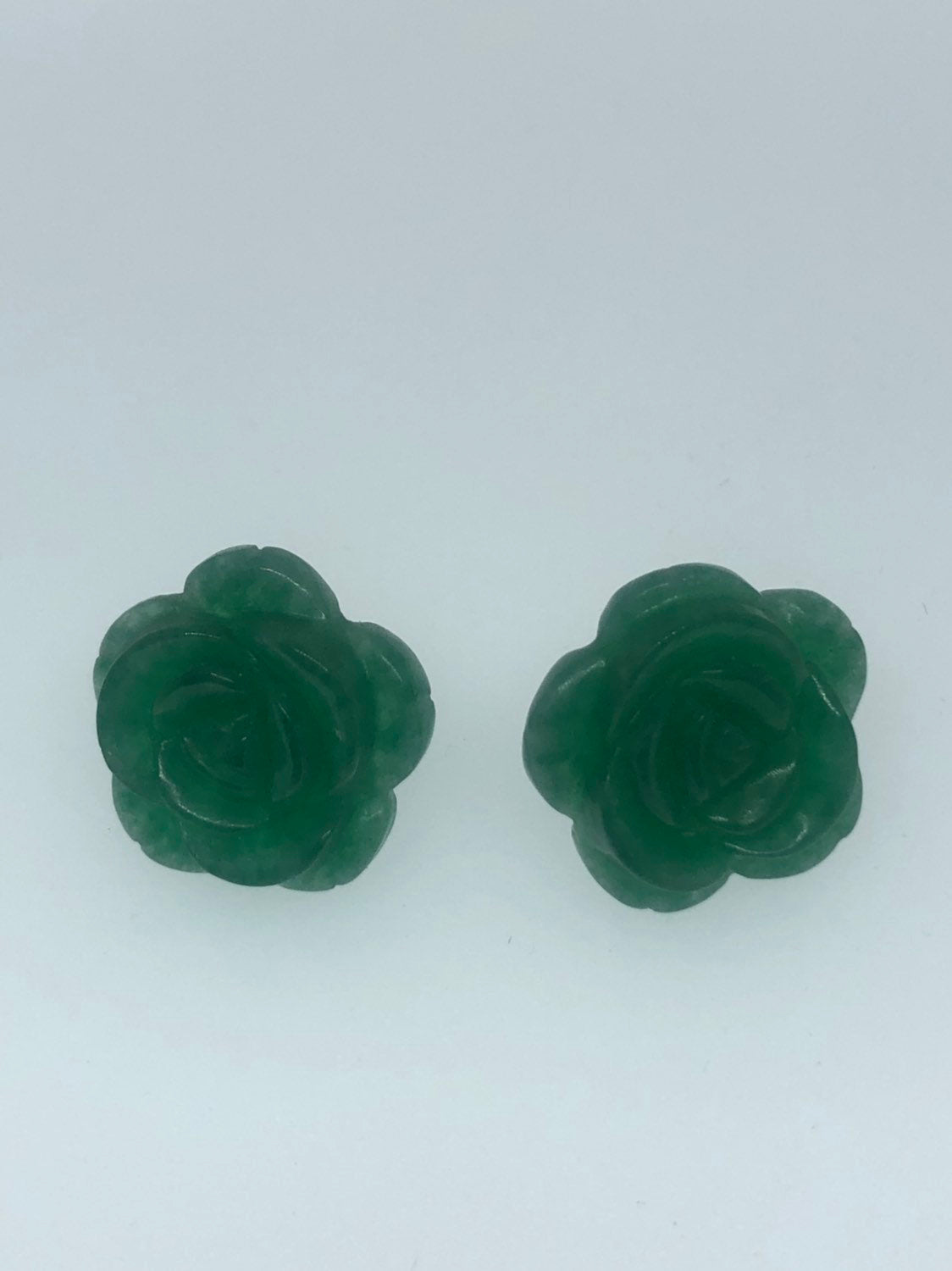 Vintage Fun Green Jade Flower Gemstone Silver Bronze Stud Earrings