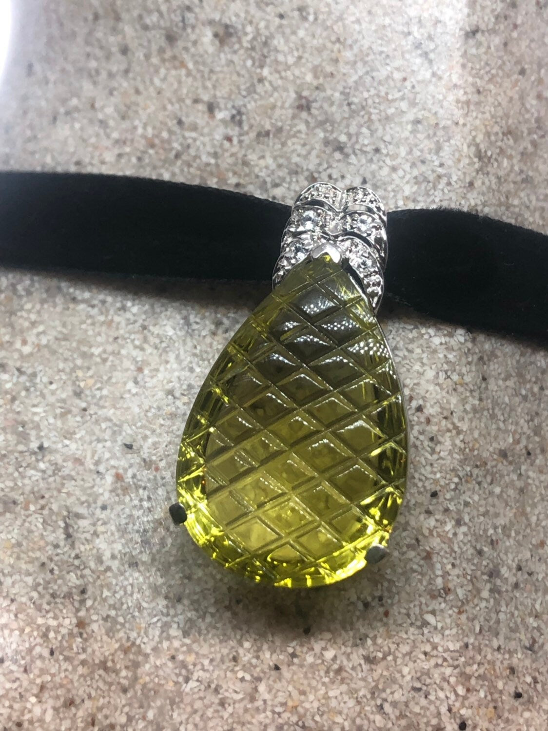 Vintage Handmade Sterling Silver Golden Citrine Pendant Necklace Velvet Choker