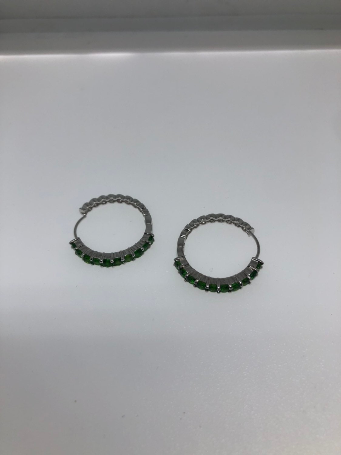Vintage Handmade 925 Sterling Silver Chrome Diopside Hoop Earrings
