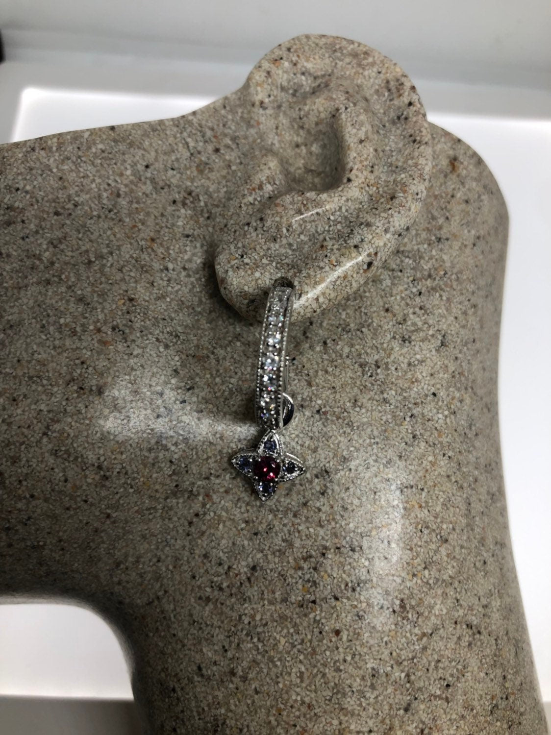 Vintage Handmade Sterling Silver diamond look White Sapphire Gemstone drop Hoop Earrings