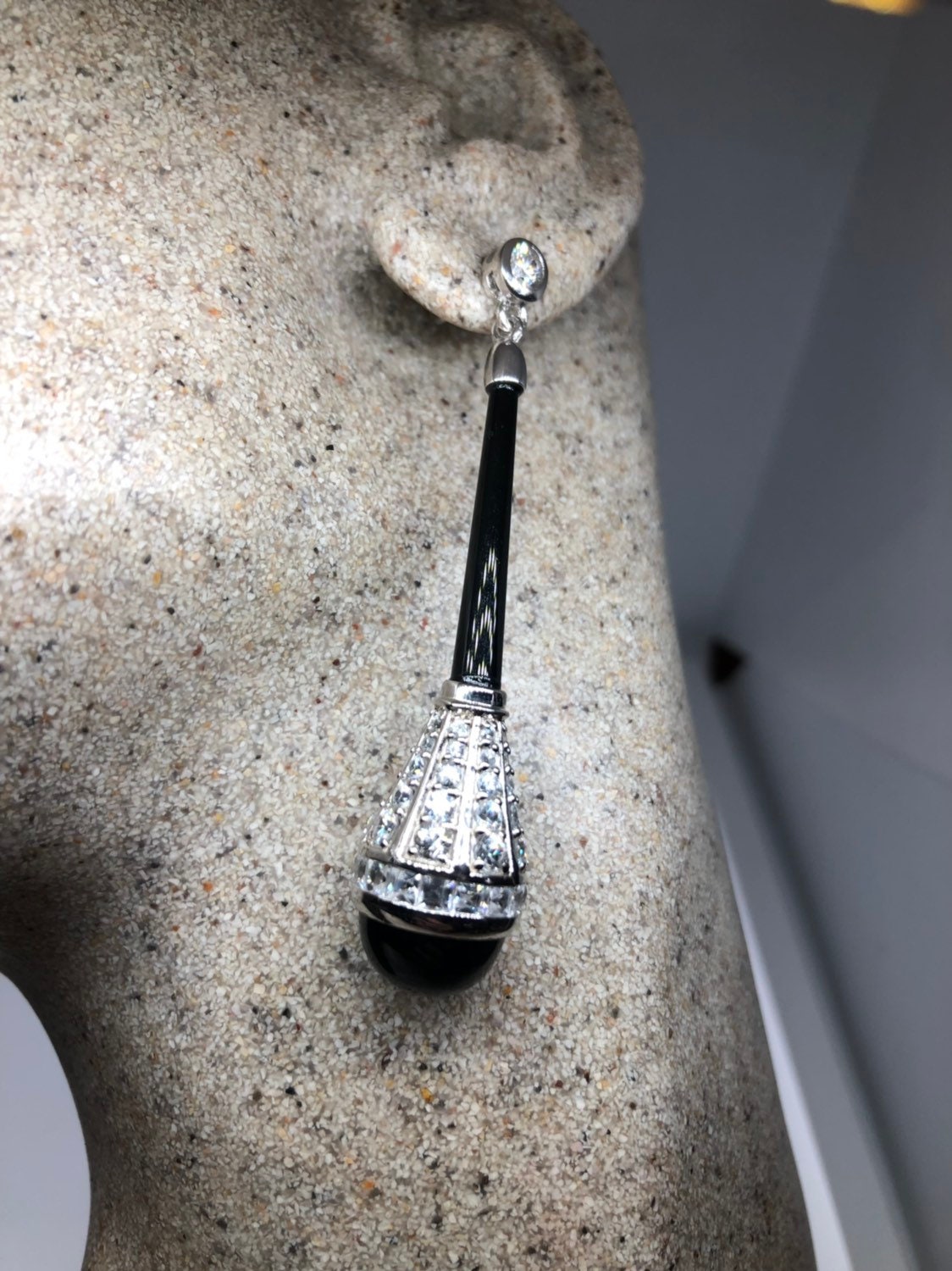 Vintage Deco Genuine Faceted White Sapphire Black Onyx 925 Sterling Silver Deco Dangle Earrings