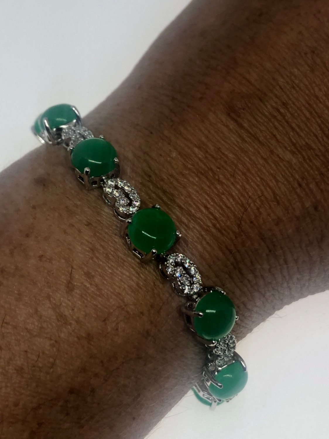 Vintage Green Jade Bracelet White Bronze Silver