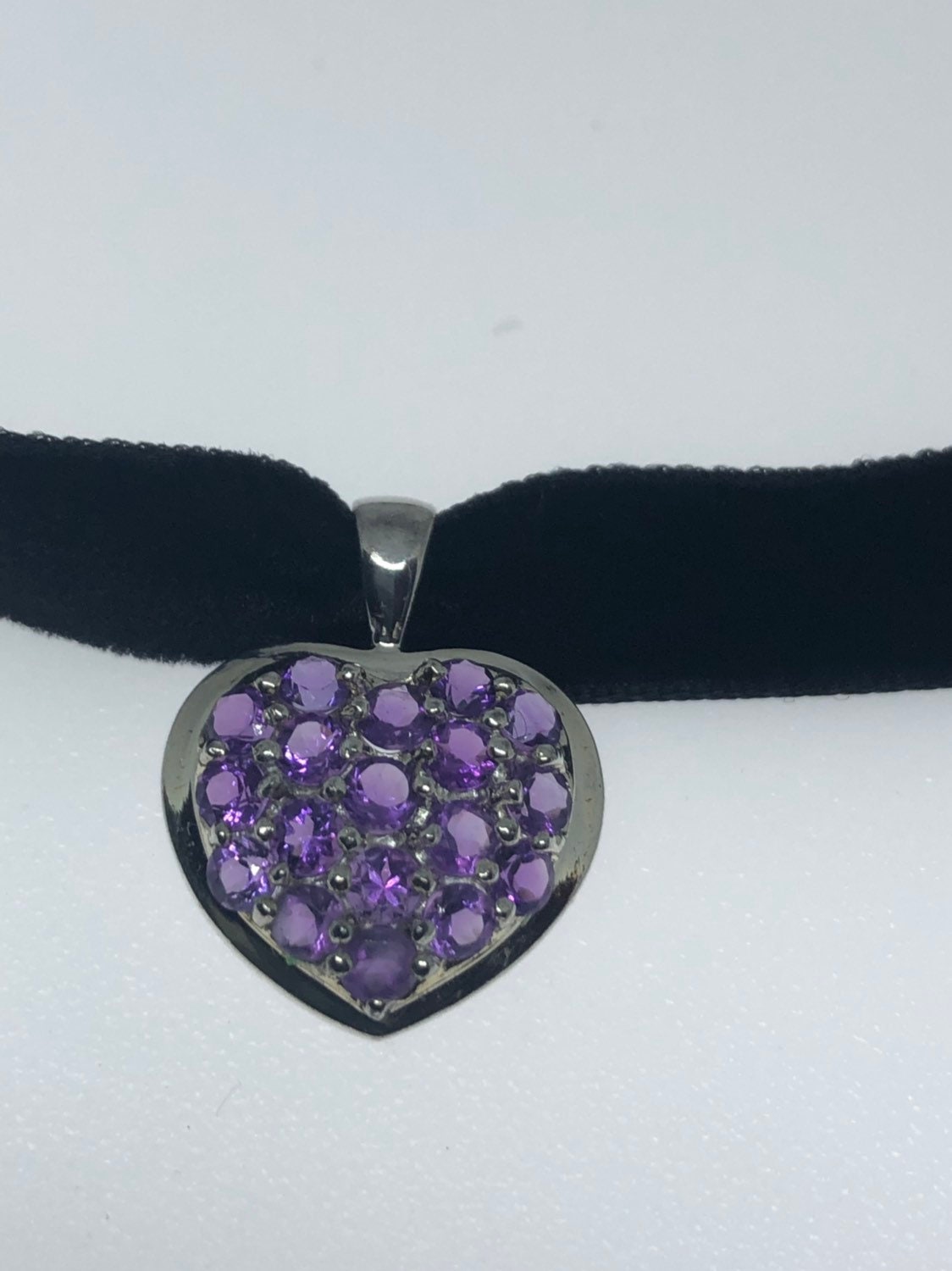 Vintage 925 Sterling Silver Amethyst Heart Pendant Necklace