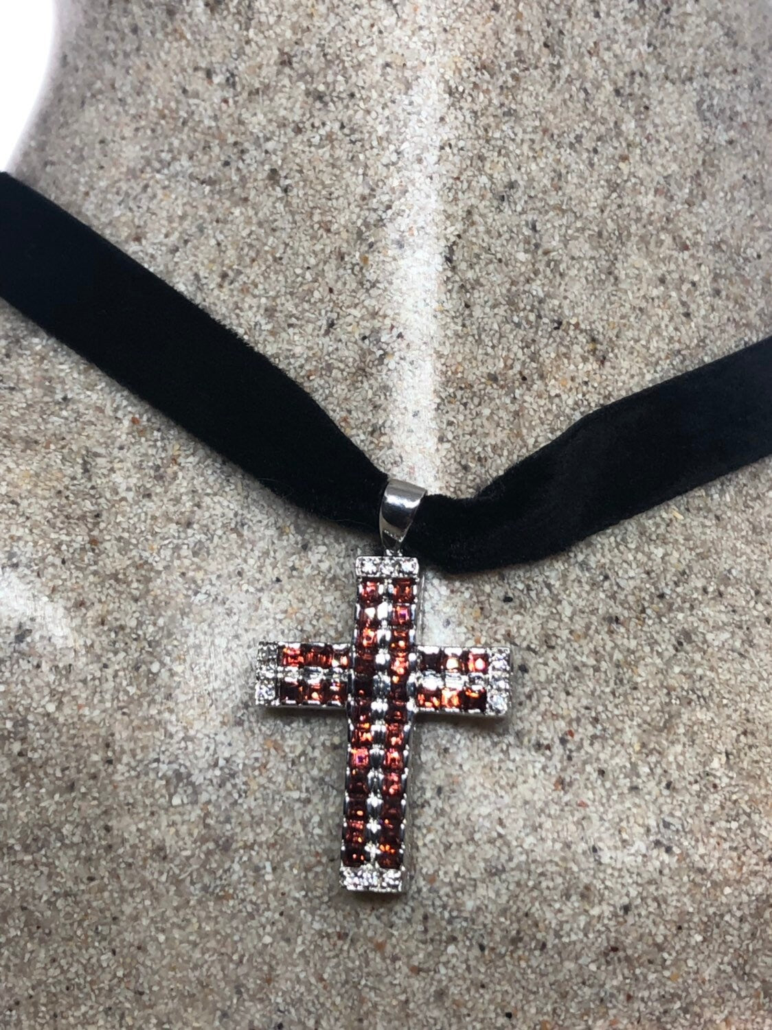 Vintage Handmade Sterling Silver Garnet Cross Pendant