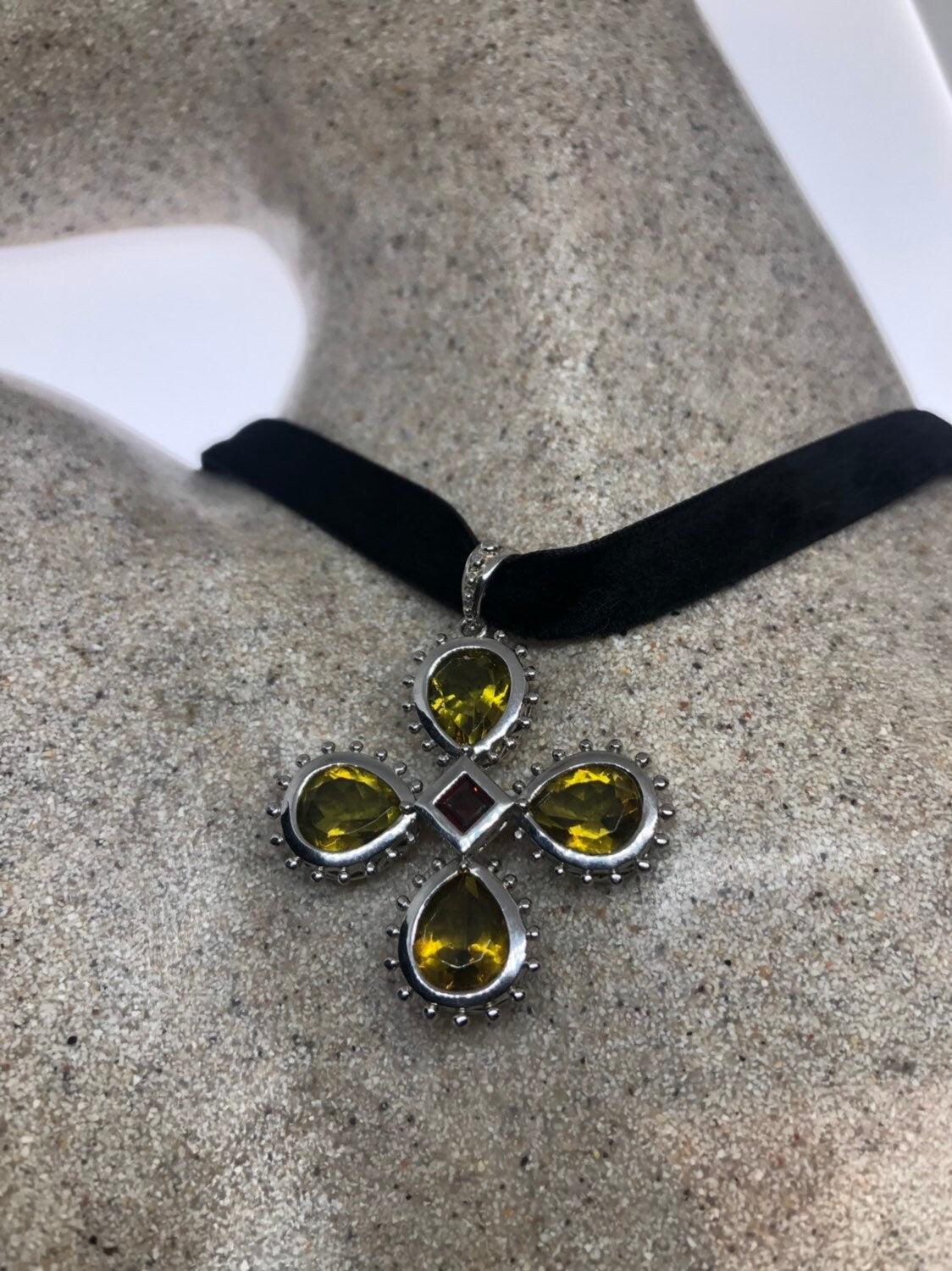 Vintage Handmade Sterling Silver Golden Lemon Quartz cross Pendant