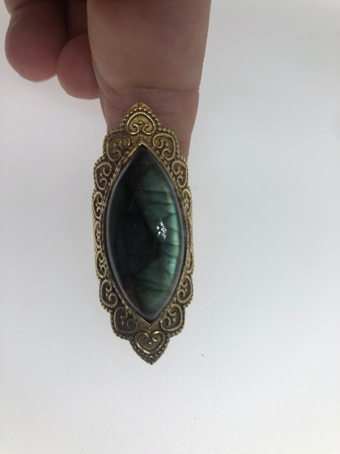 Vintsge Large Rainbow Labradorite Stone Brass Ring