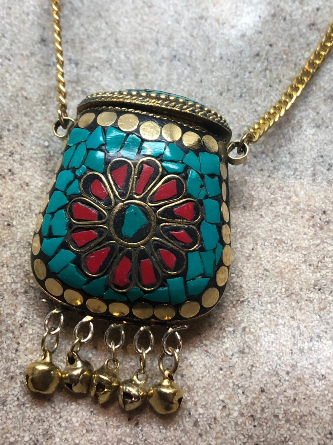 Bronze Mojo Bag Handmade Vintage Mosaic Gemstone Pendant Necklace