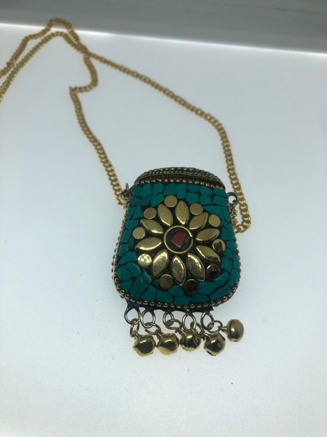 Bronze Mojo Bag Handmade Vintage Mosaic Gemstone Pendant Necklace