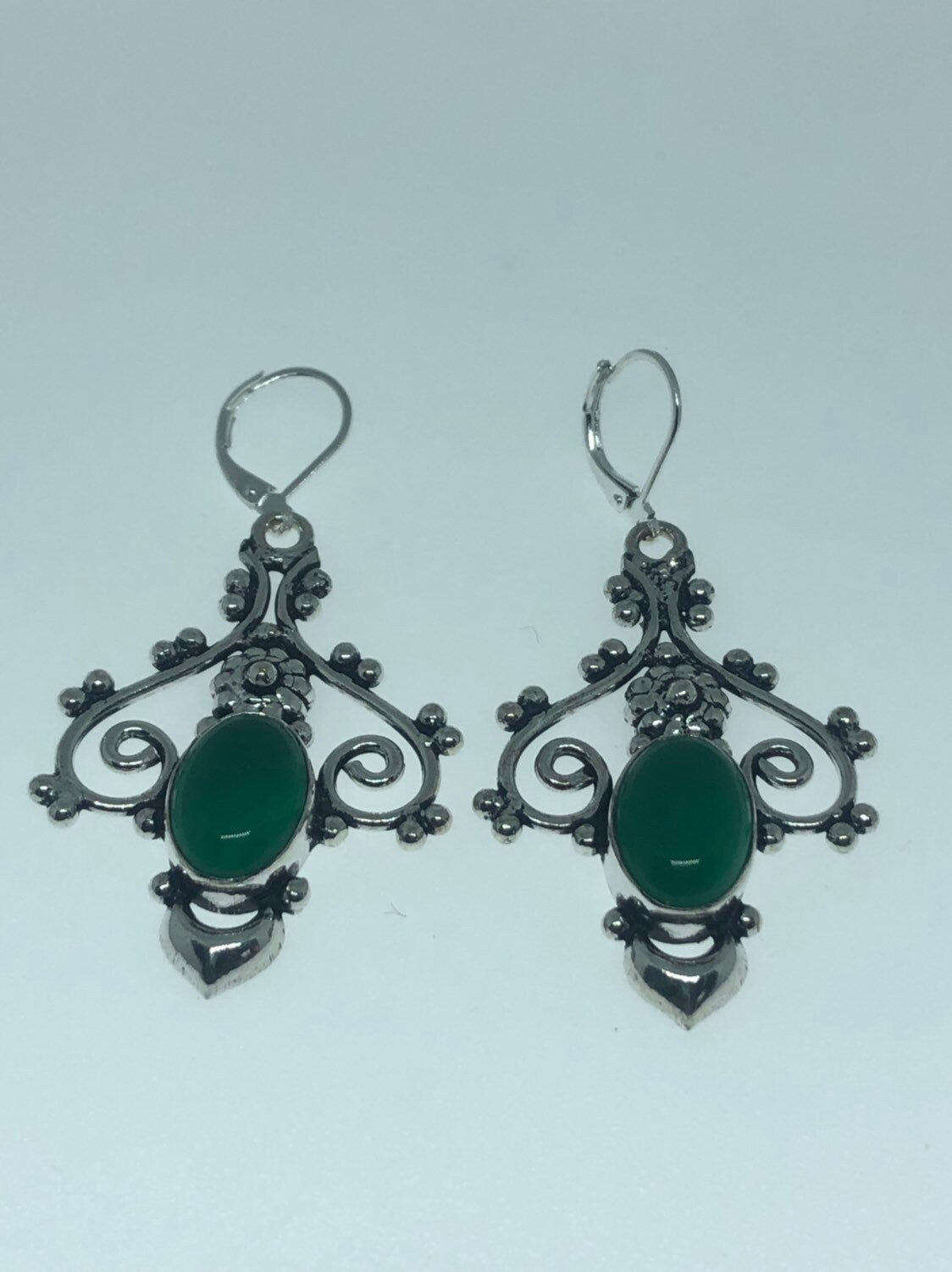 Antique Vintage Green Chrysoprase Silver Dangle Earrings