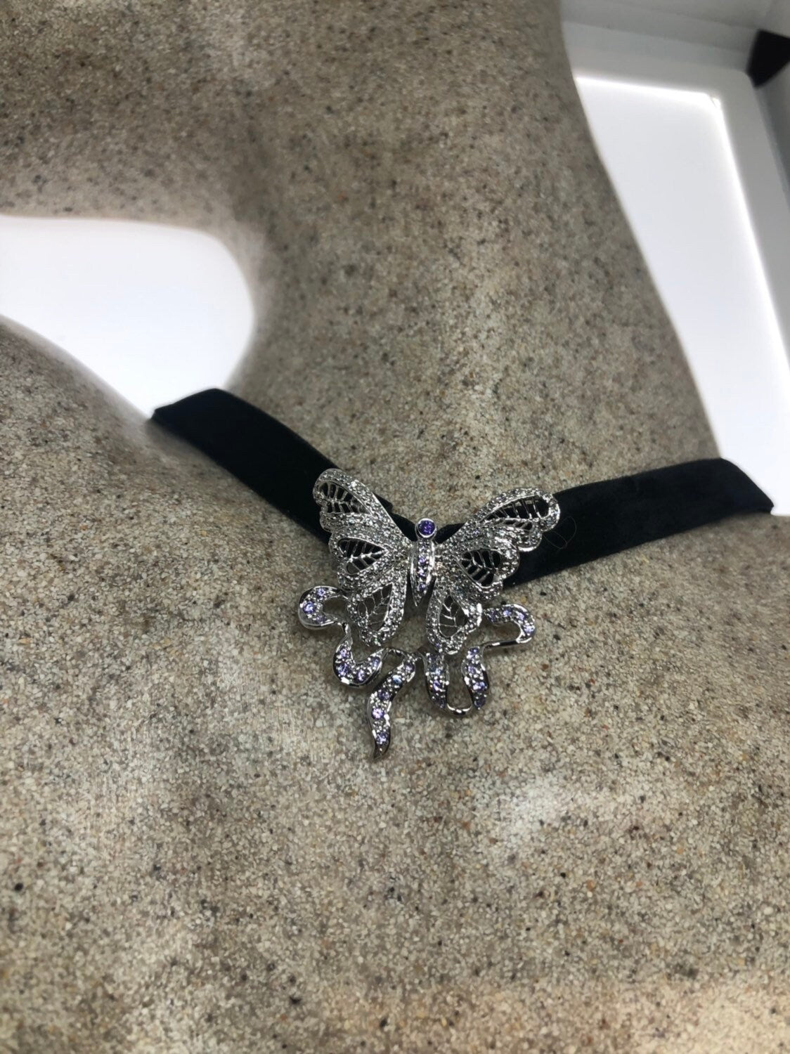 Vintage Handmade 925 Sterling Silver Rhodium White Sapphire Butterfly Pendant Choker