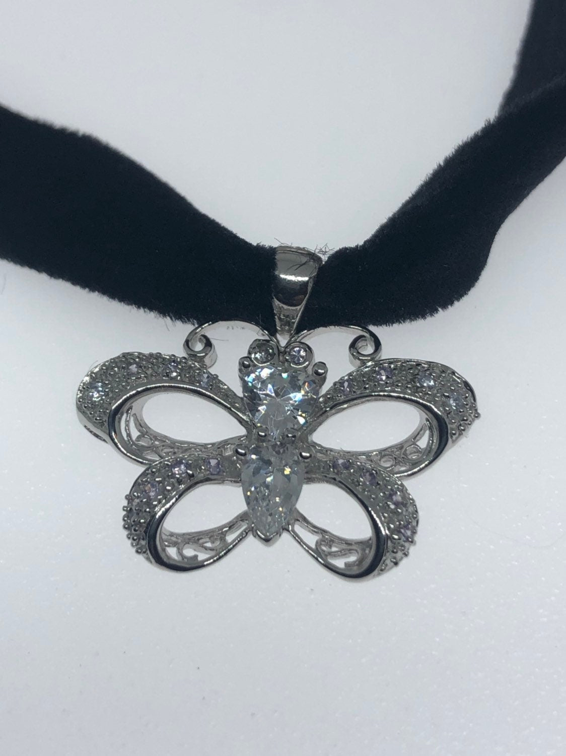 Vintage Handmade 925 Sterling Silver Rhodium White Sapphire Butterfly Pendant Choker