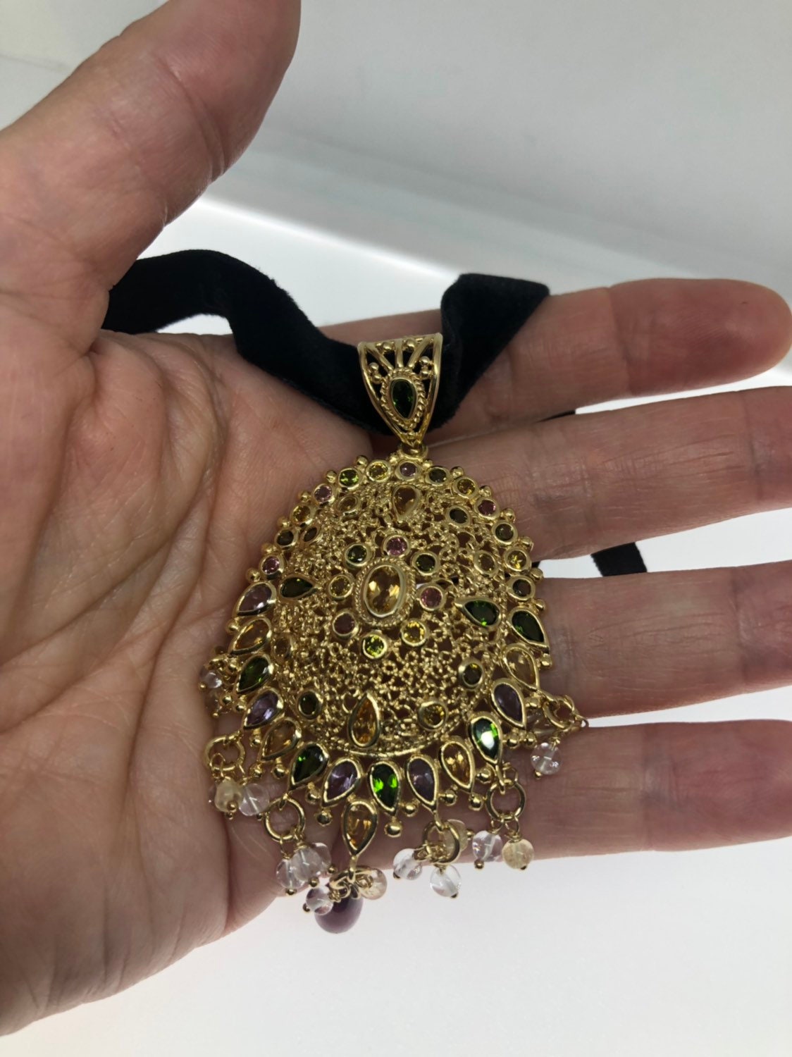 Vintage Handmade Golden 925 Sterling Silver Genuine Mixed Gemstone tourmaline Antique Pendant Necklace