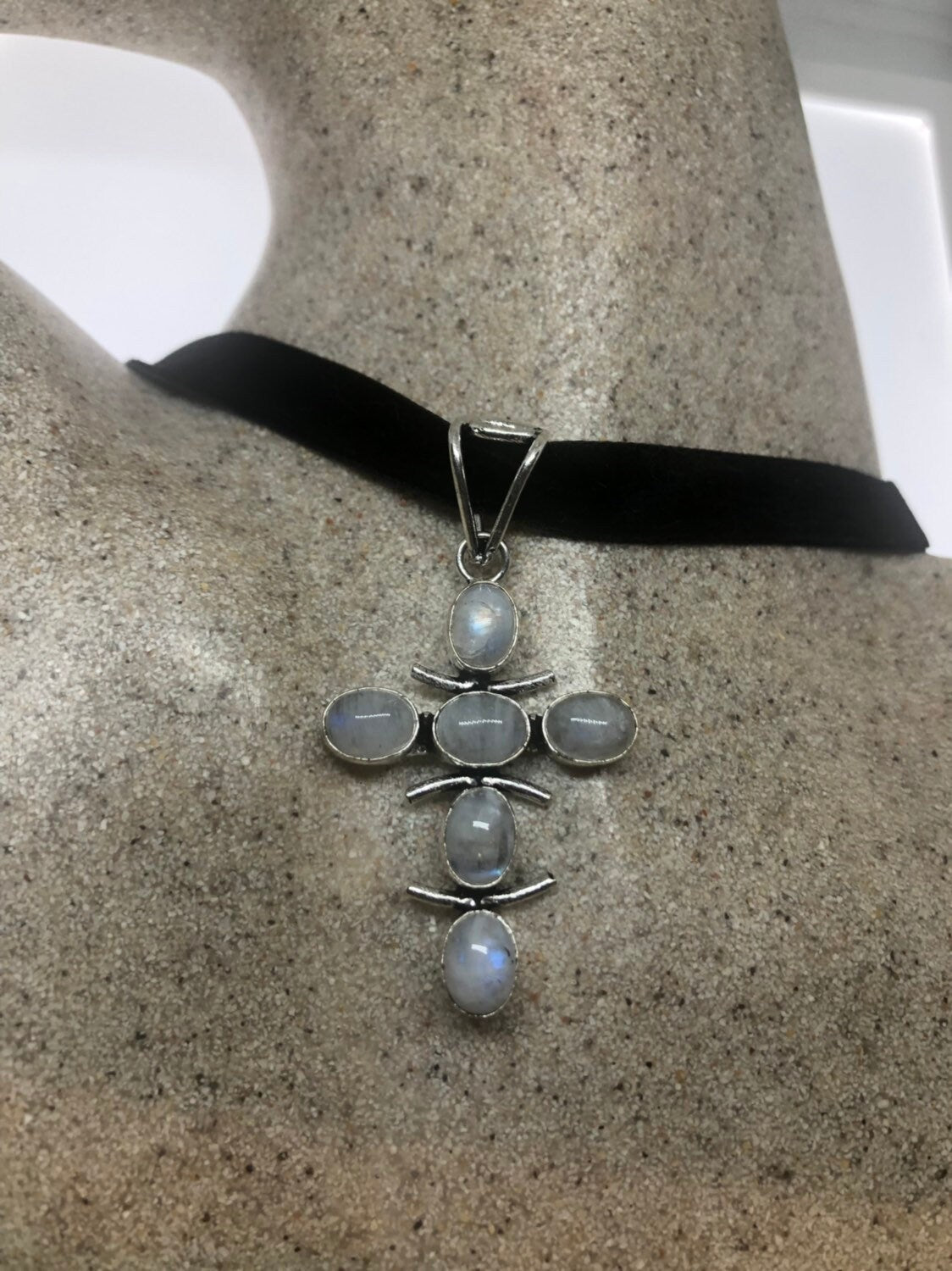Vintage Rainbow Moonstone Cross Choker White Bronze Pendant