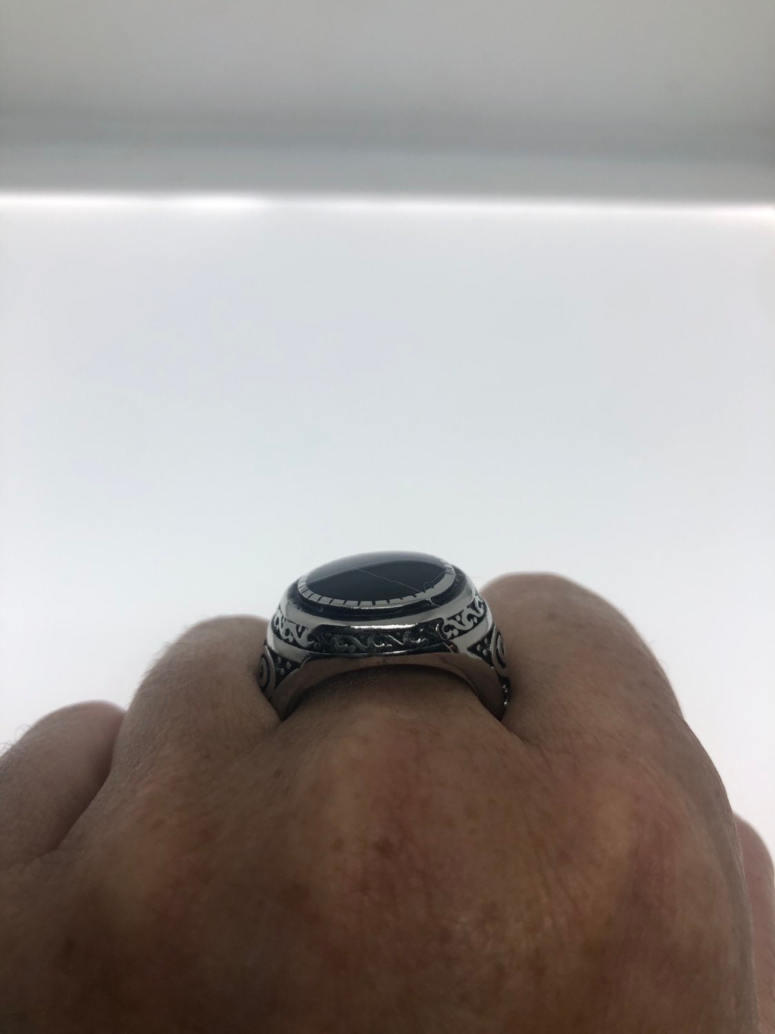 Vintage Gothic Black Onyx Stainless Steel Mens Ring