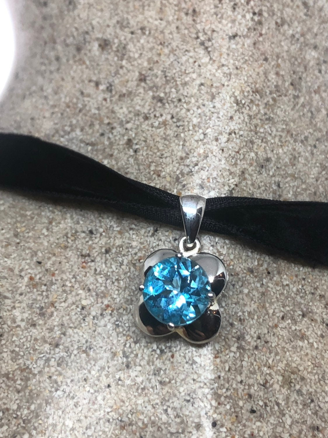 Vintage Genuine Deep Blue Topaz 925 Sterling Silver Necklace Pendant
