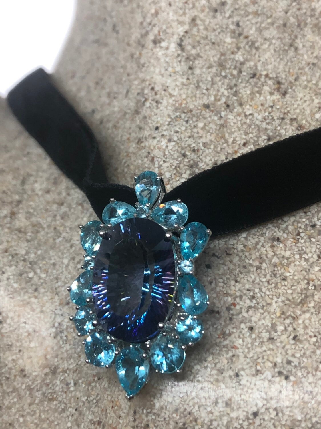 Vintage Genuine Deep Mystic Blue Topaz 925 Sterling Silver Necklace Pendant