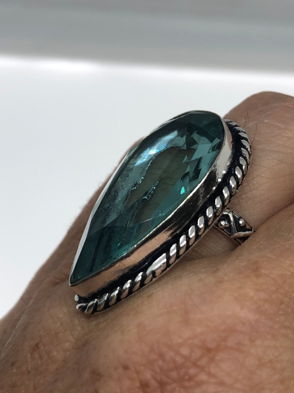 Vintage Aqua Vintage Art Glass Cocktail Ring Size 7