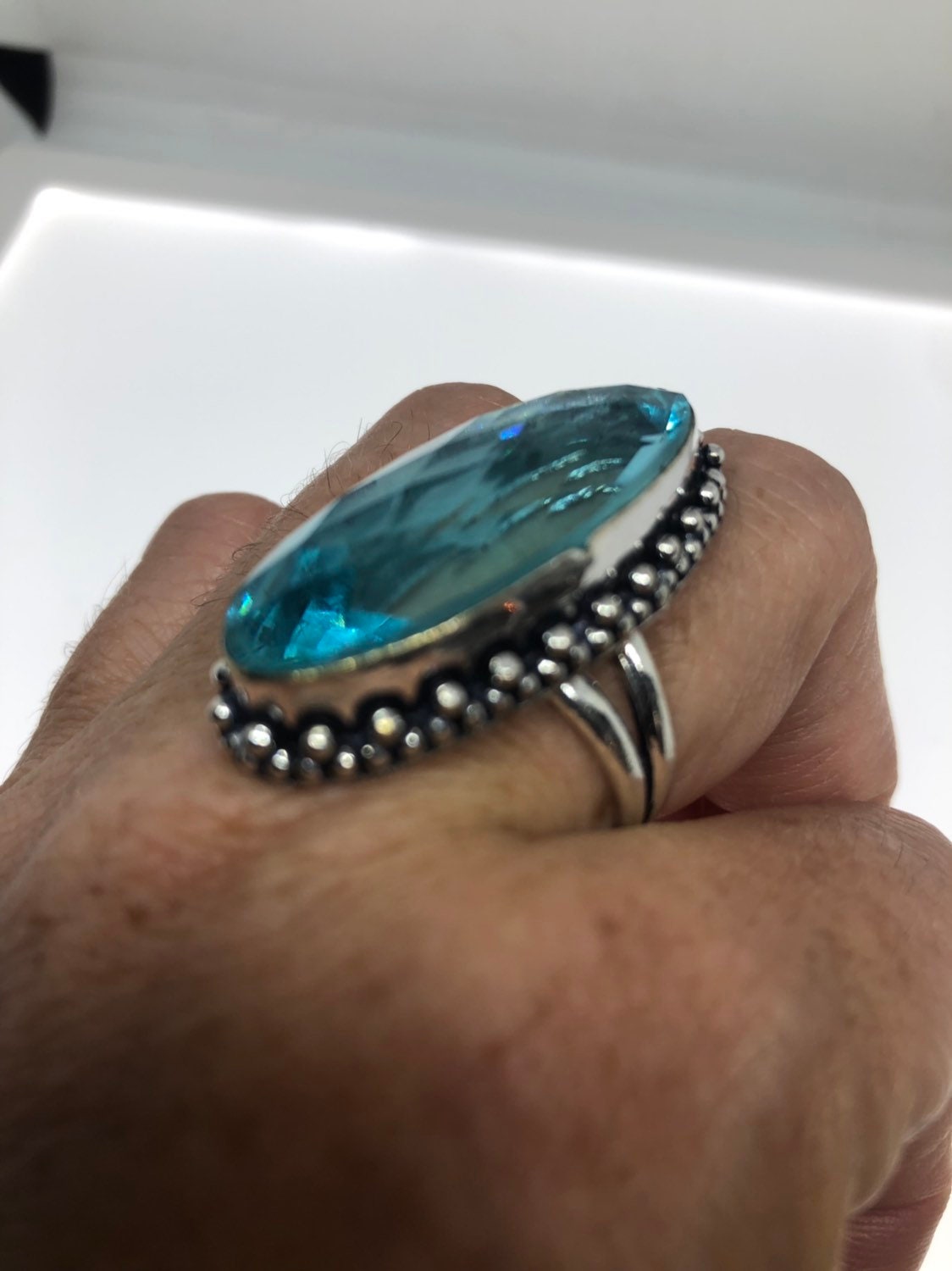 Vintage Aqua Art Glass Ring, German Silver Setting, Size 7