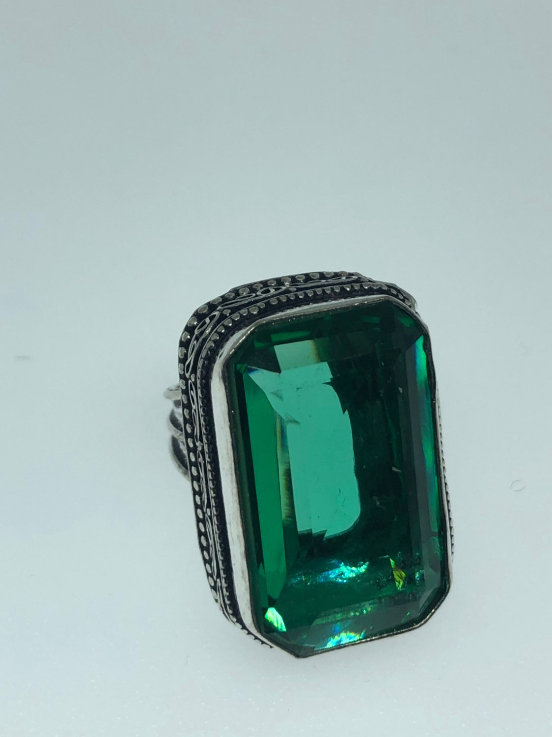 Vintage Aqua Art Glass Ring, Ornate German Silver, Size 8.25
