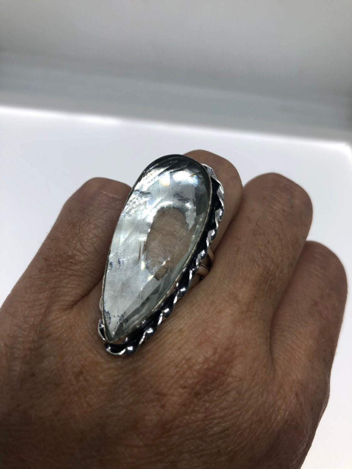 Vintage Aqua Art Glass Ring, Ornate German Silver, Size 7